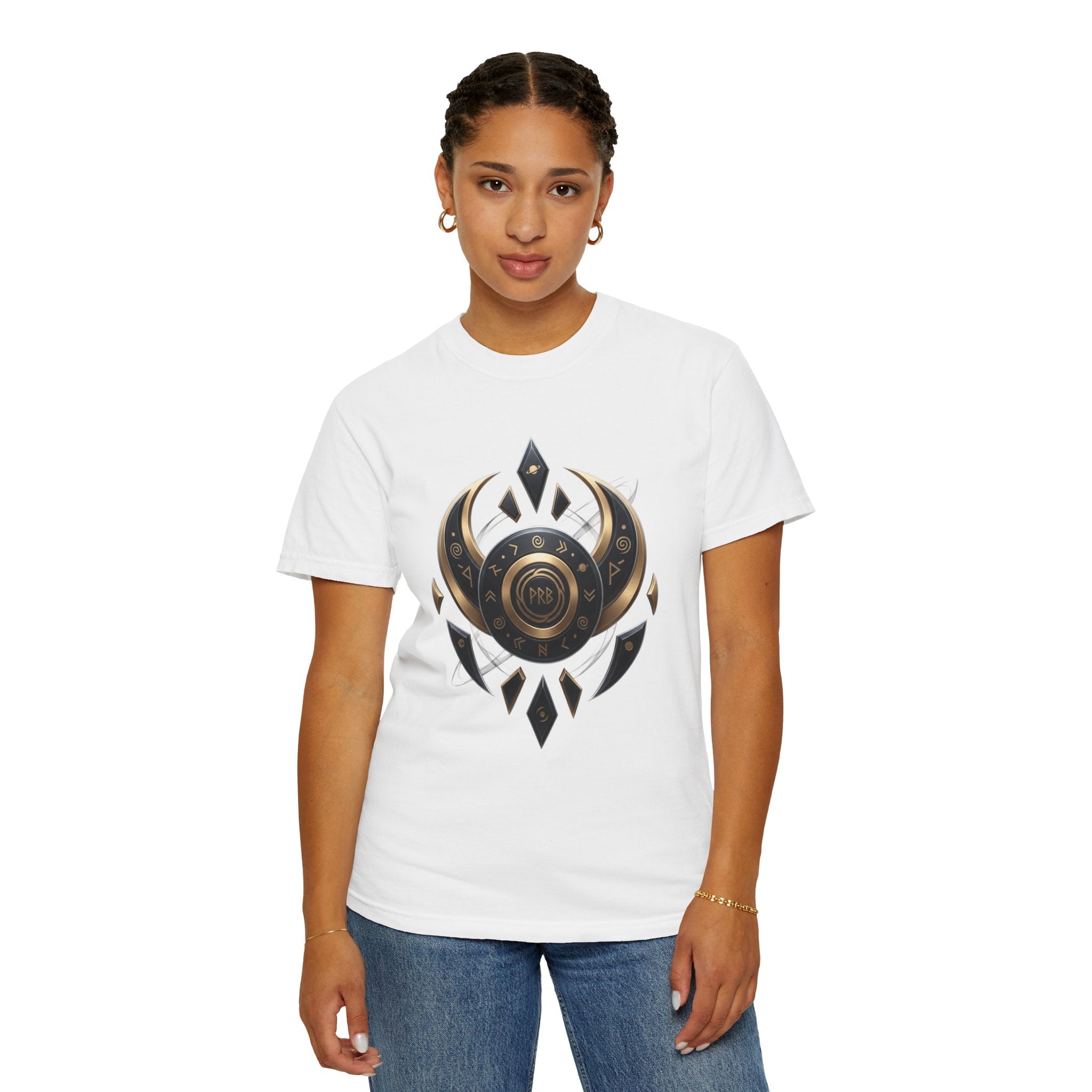 Power Runs Black Mystic Compass Disc T-Shirt — Geometric Gold & Black Emblem Tee by Printify
