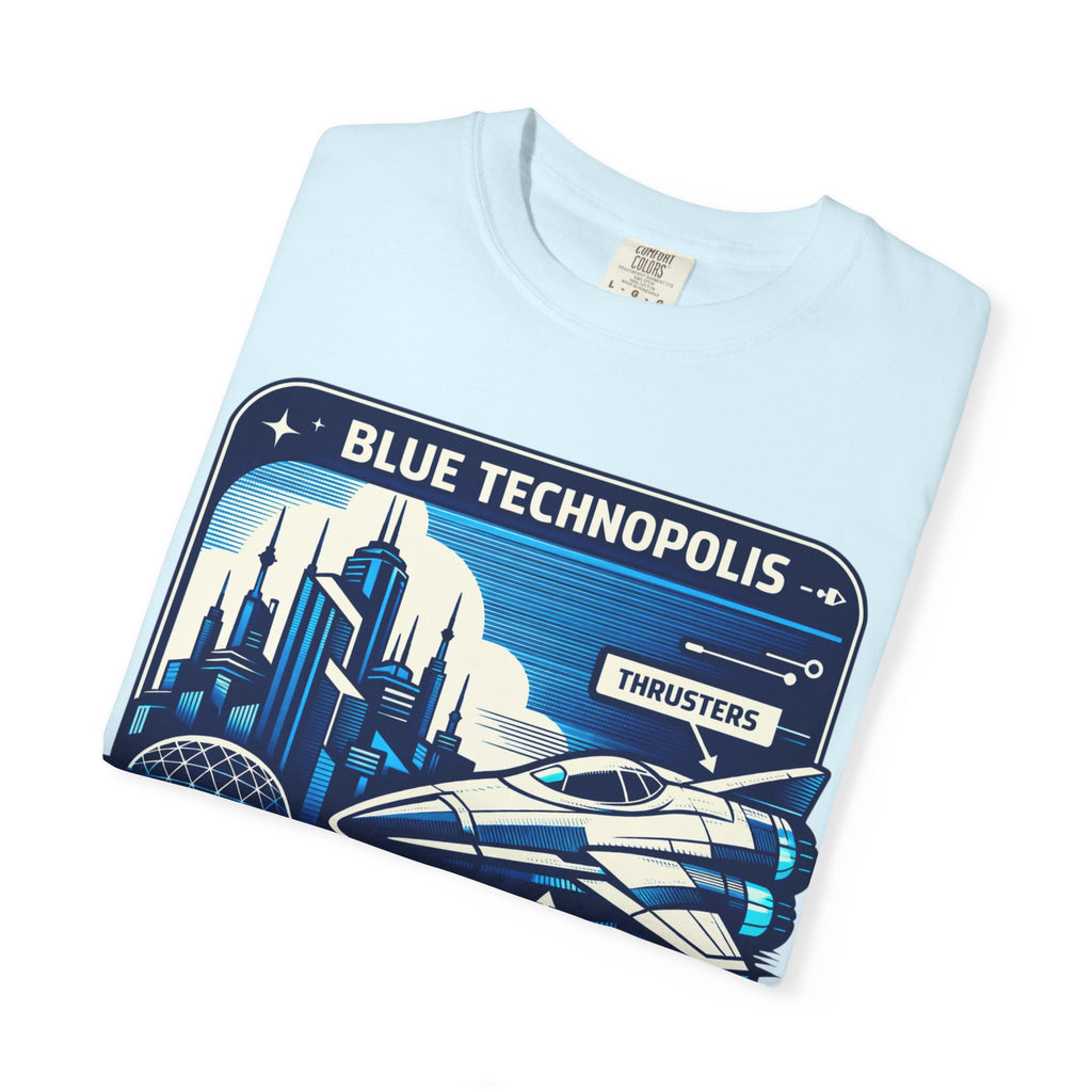 Power Runs Black PRB Technopolis Spacecraft T-Shirt — Blue Technopolis Retro Sci‑Fi Tee by Printify