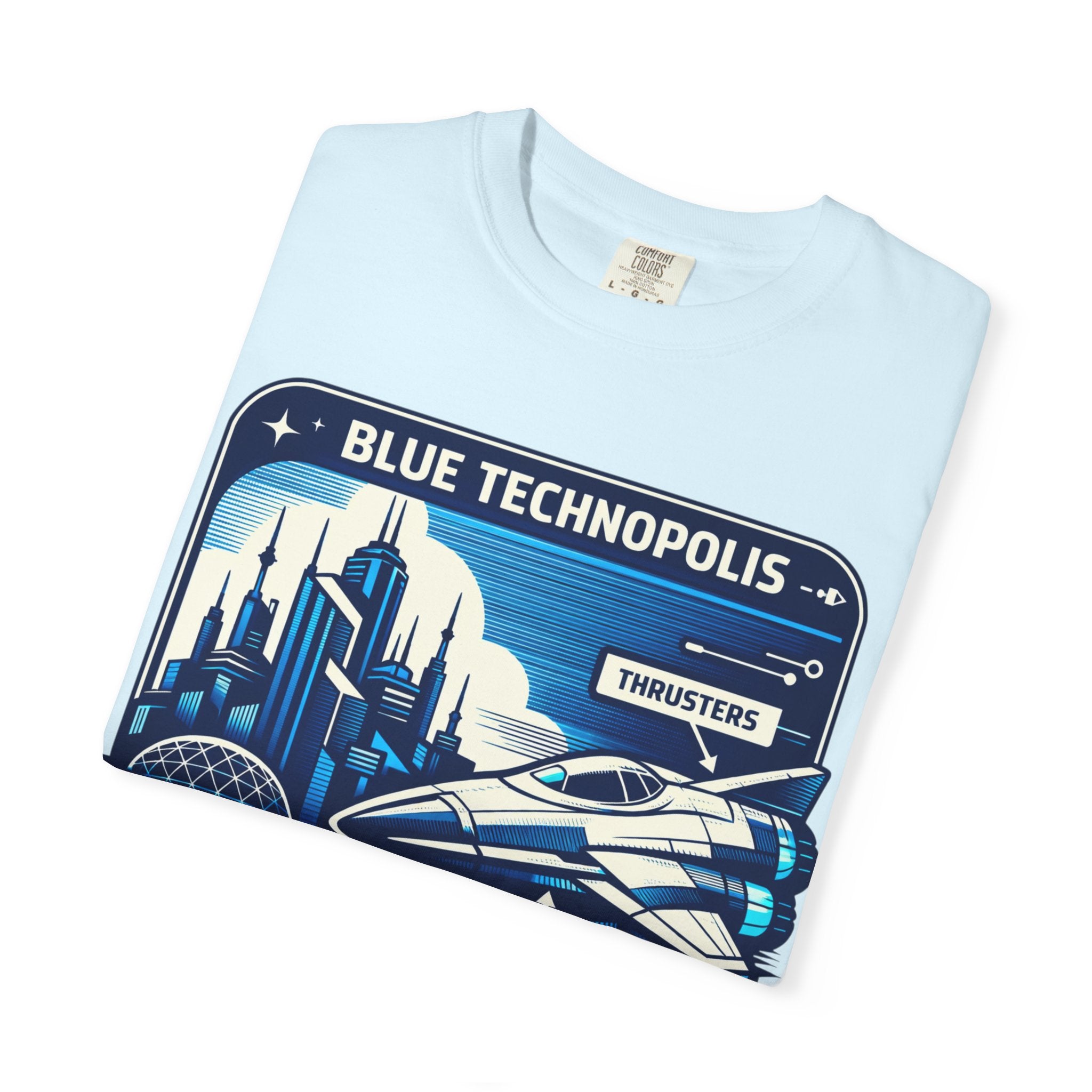 Power Runs Black PRB Technopolis Spacecraft T-Shirt — Blue Technopolis Retro Sci‑Fi Tee by Printify