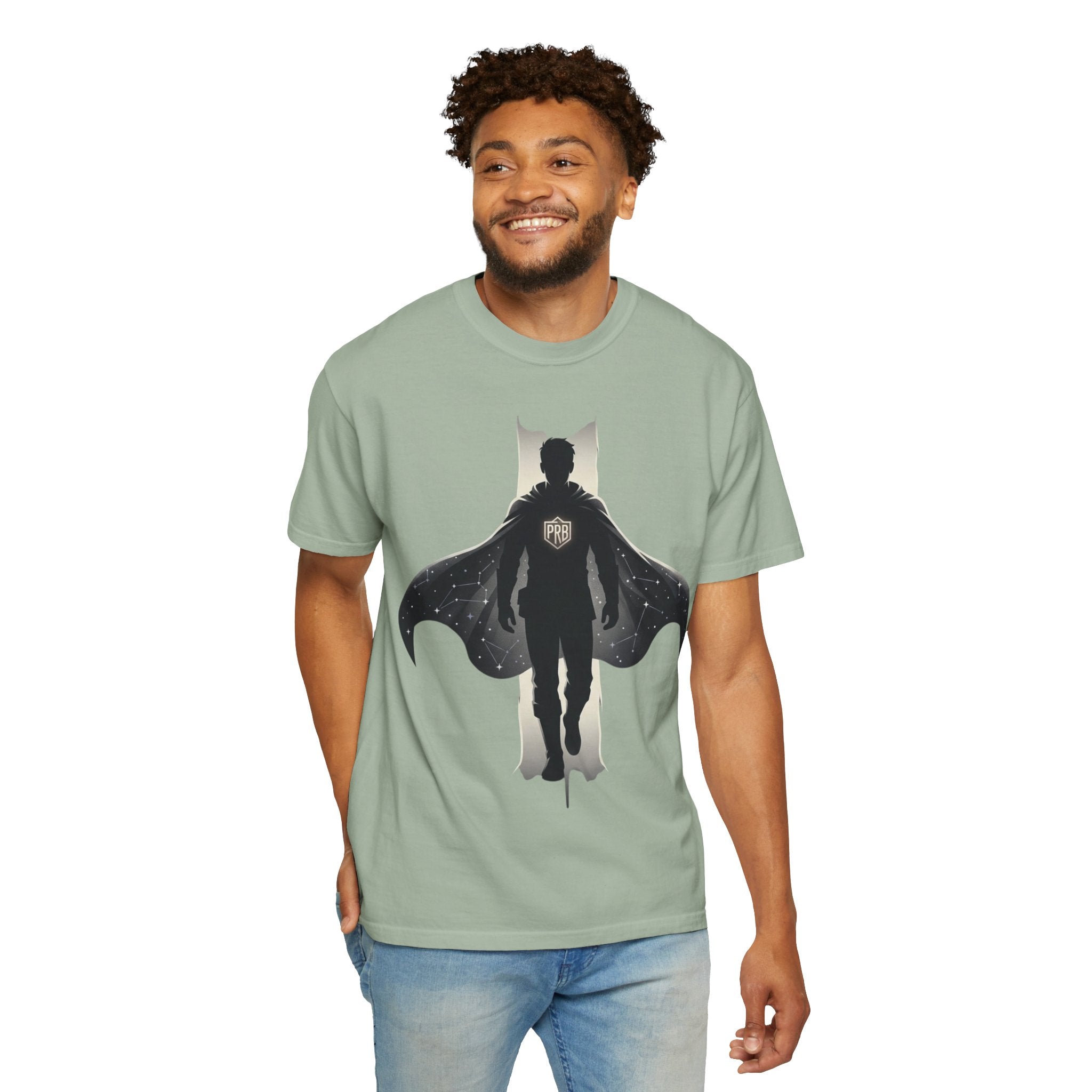 Power Runs Black Silhouette PRB Superhero with Cape T-shirt | Night Sky Emblem, Graphic Tee by Printify