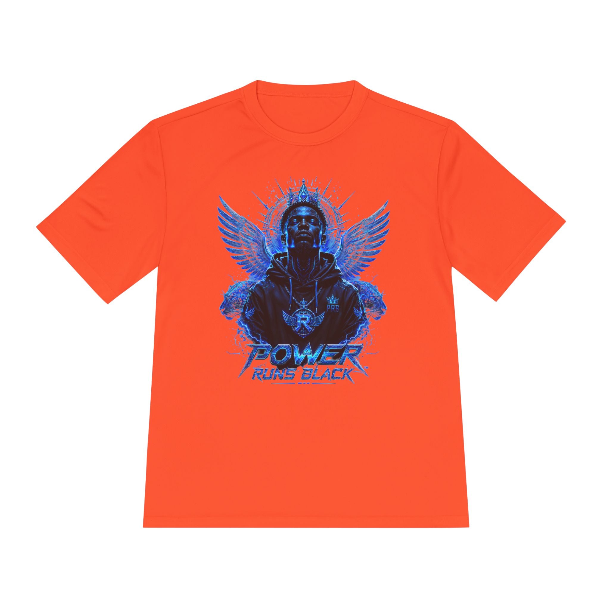 Power Runs Black graphic Tee | Blue angel wings, armored figure, bold script by Power Runs Black