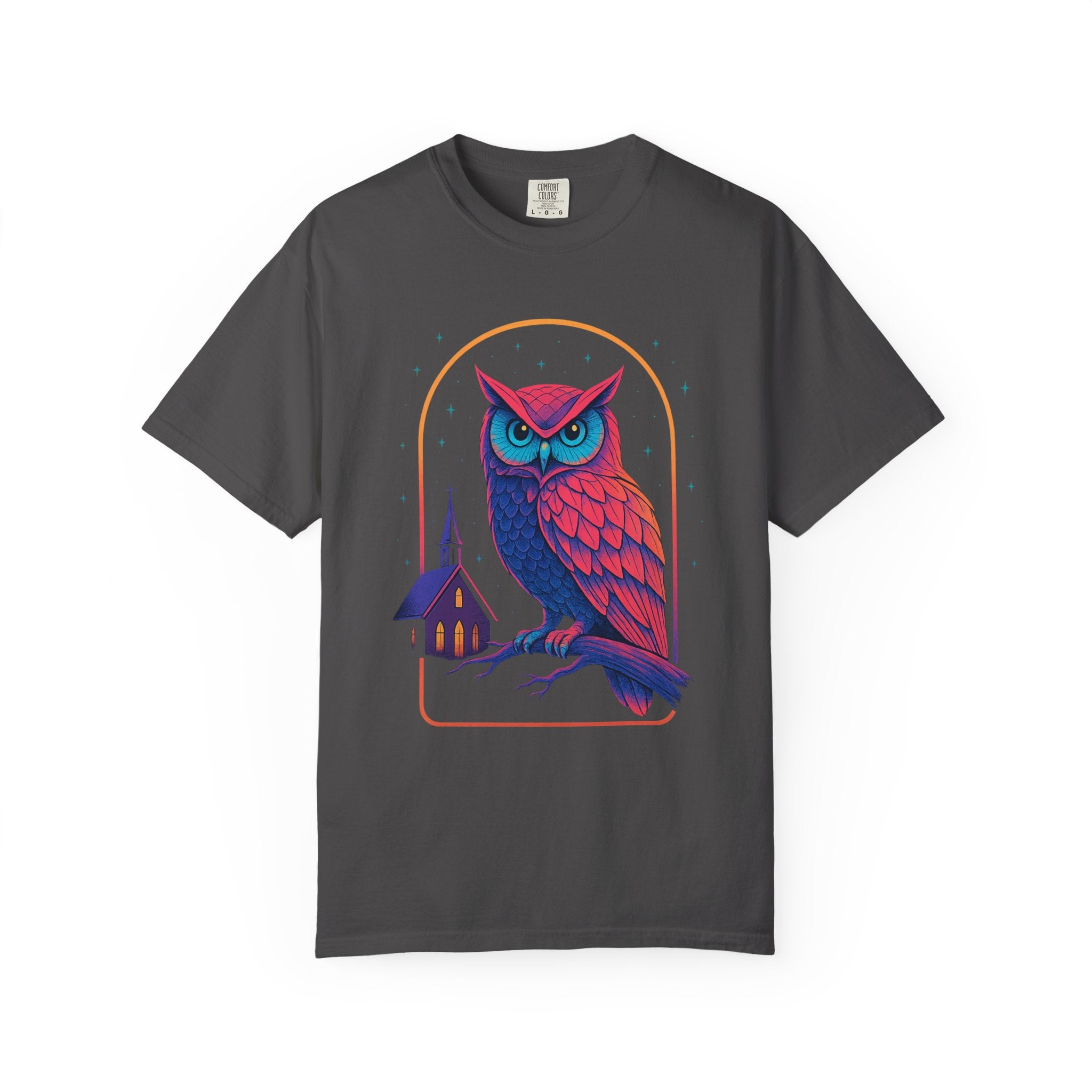 PRB Neon Owl Illustration T-Shirt | Night Church Graphic Tee by Power Runs Black