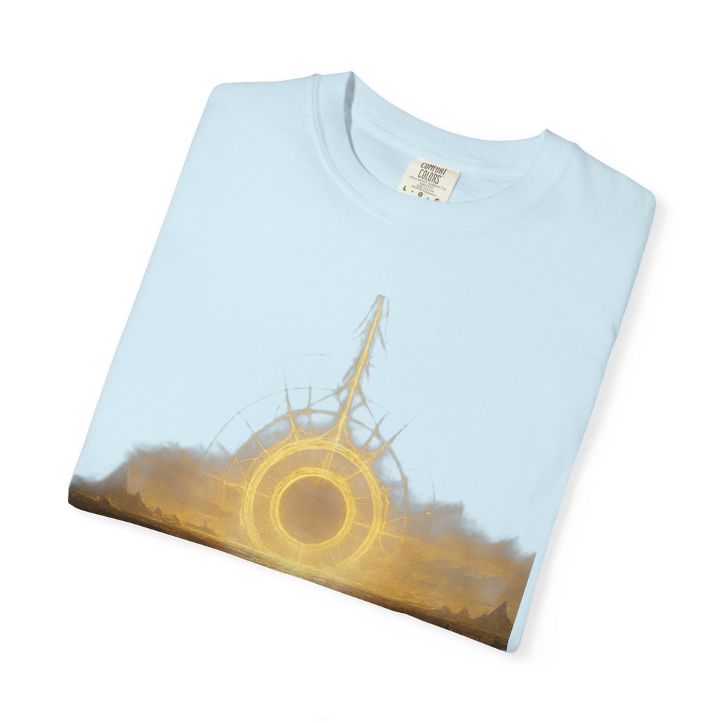 Power Runs Black PRB Golden Eclipse Portal T-shirt | Fantasy Landscape, Mystic Ring, Tower Art by Power Runs Black