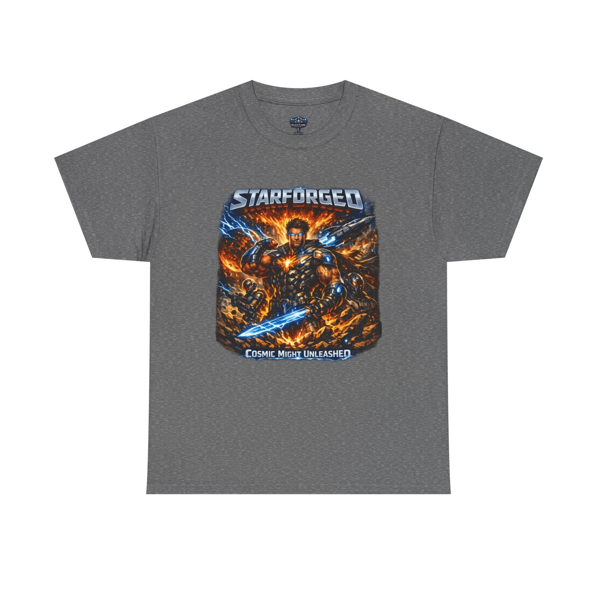 Starforged Flex : Cosmic Might Unleashed Illustration Graphic T by Power Runs Black
