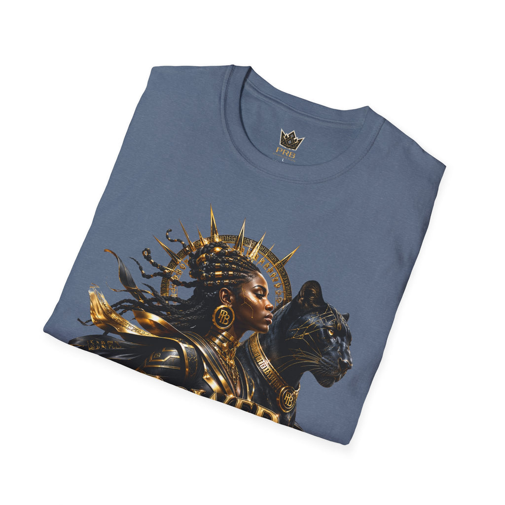 Power Runs Black PRB | Black Woman Portrait, Gold Accents Panther Graphics T by Power Runs Black