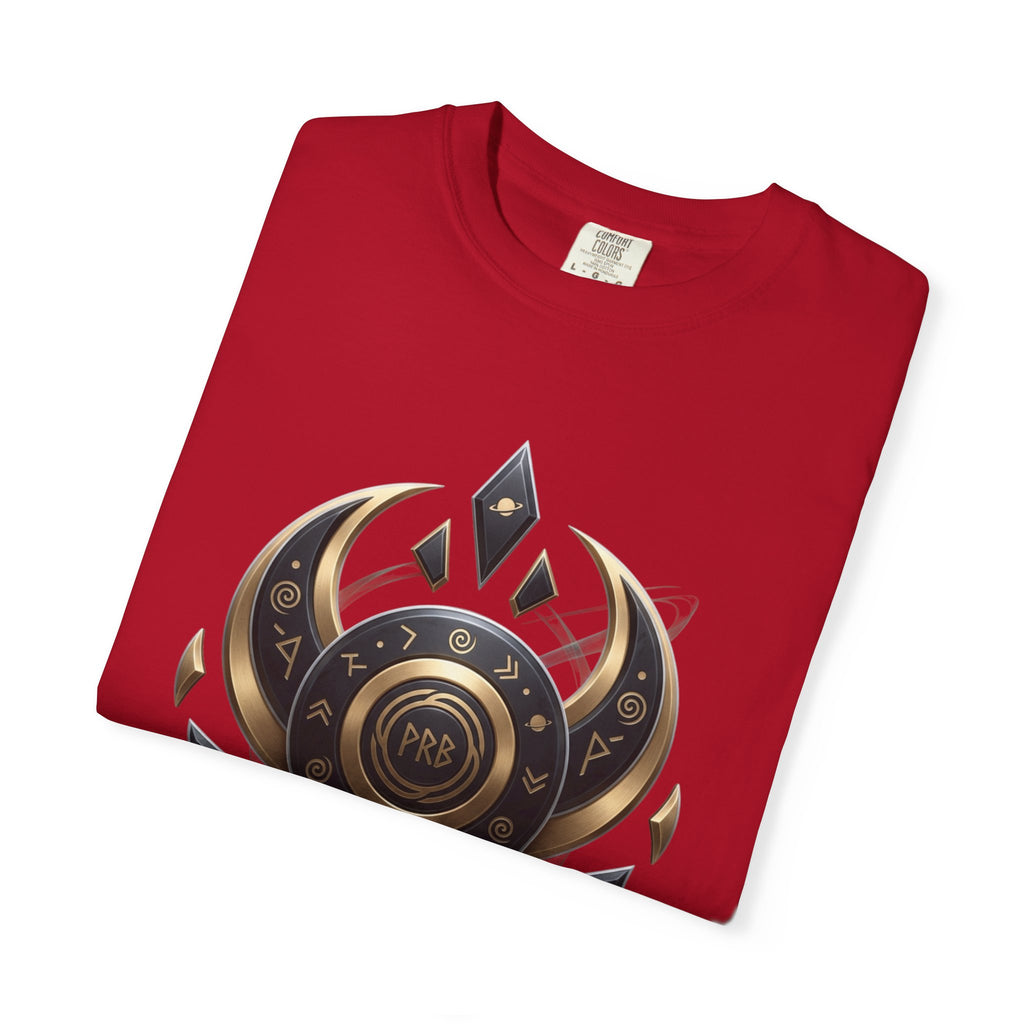 Power Runs Black Mystic Compass Disc T-Shirt — Geometric Gold & Black Emblem Tee by Printify