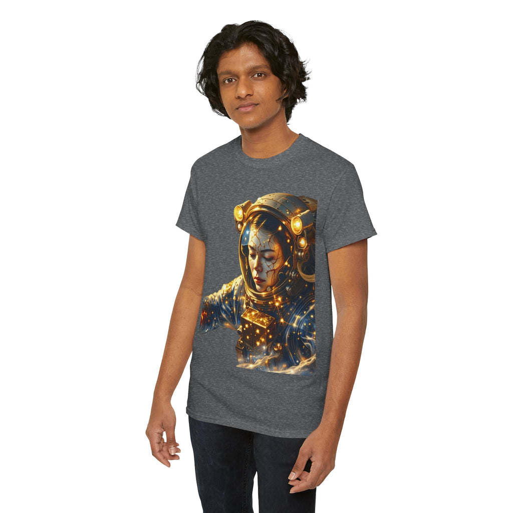 Power Runs Black PRB Golden Astronaut Portrait T-Shirt | Space Helmet Art, Cosmic Lights by Printify