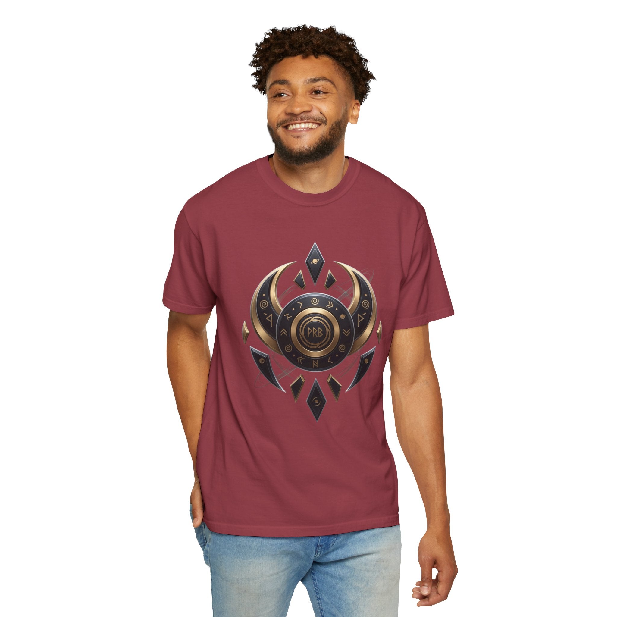 Power Runs Black Mystic Compass Disc T-Shirt — Geometric Gold & Black Emblem Tee by Printify