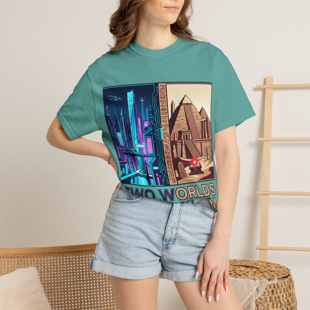 Power Runs Black PRB Blue Technopolis/ Red Dominion Two Worlds One System T-Shirt by Power Runs Black