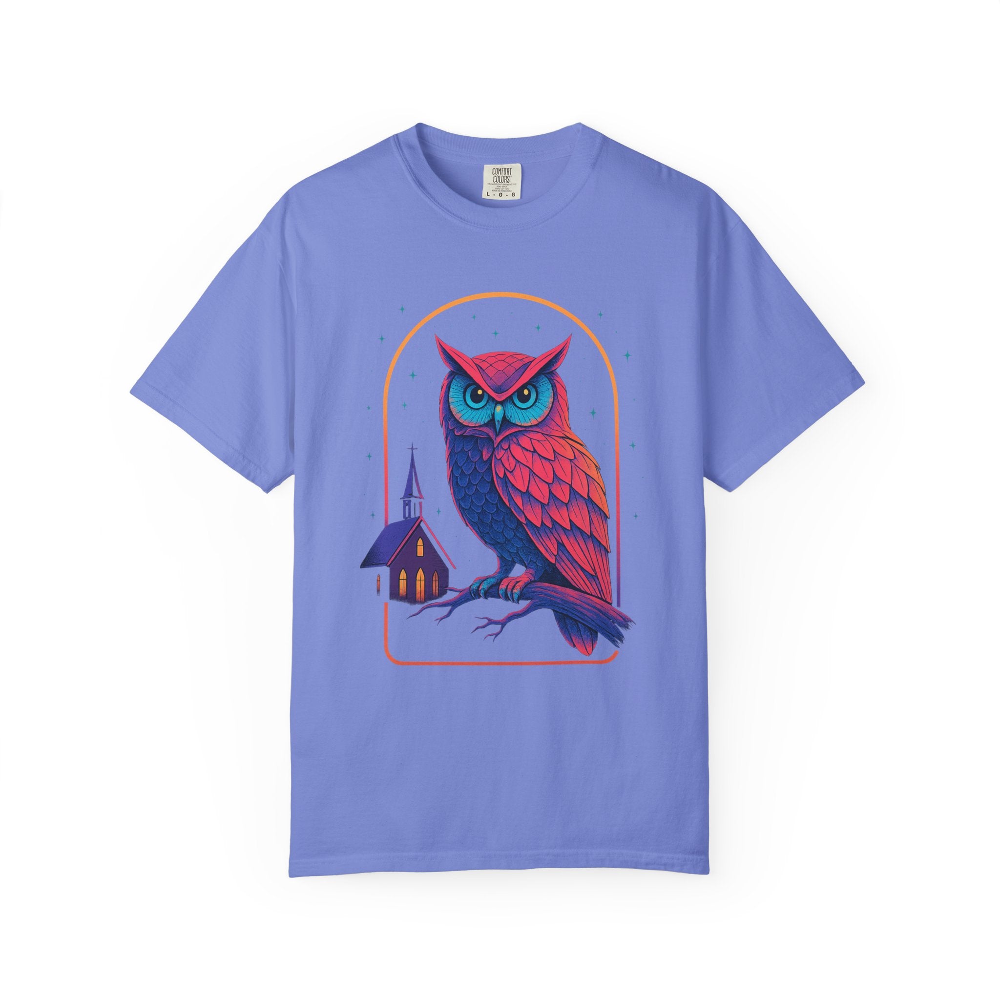 Neon Owl Illustration T-Shirt | Night Church Graphic Tee by Printify
