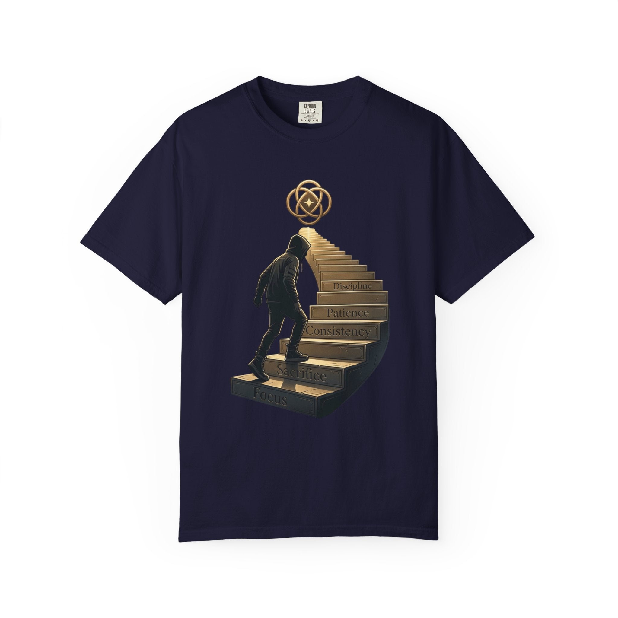 Printify PRB Stairway of Growth T-Shirt | Person Ascending Steps with Symbols - T-Shirt