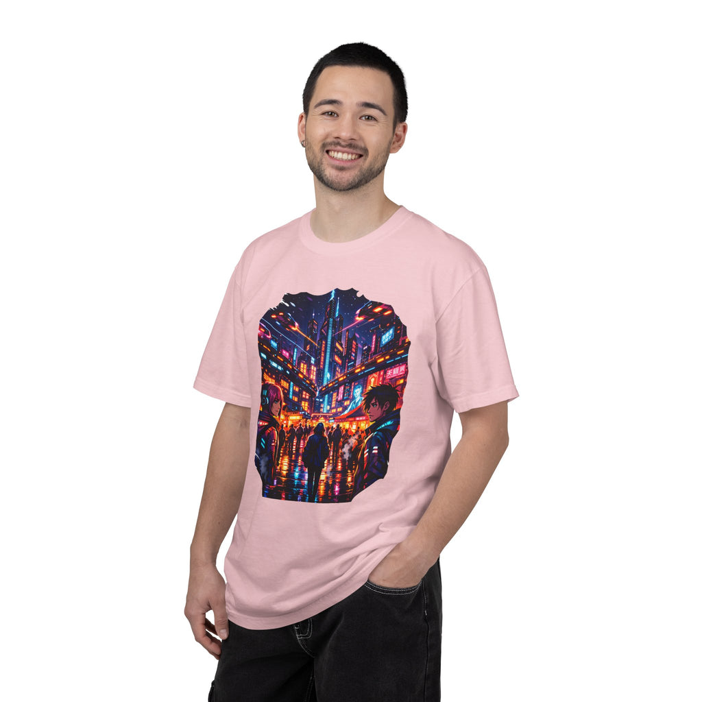 PRB Neon Cyberpunk Cityscape T-shirt | Anime Night Rain Streets by Power Runs Black