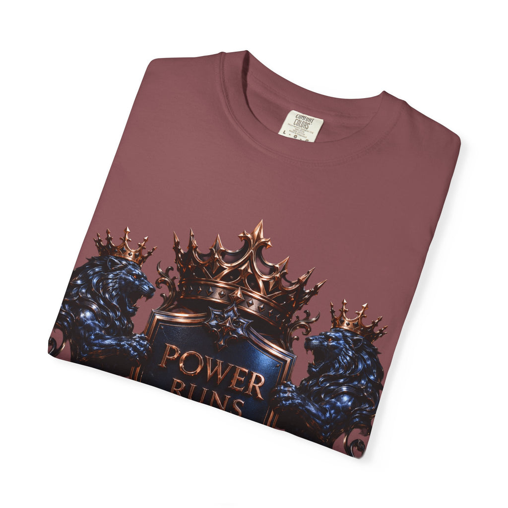 Power Runs Black Crest T-shirt | Heraldic Lion Shield Tee by Power Runs Black
