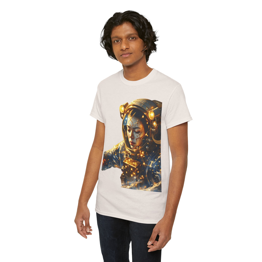 Power Runs Black PRB Golden Astronaut Portrait T-Shirt | Space Helmet Art, Cosmic Lights by Printify