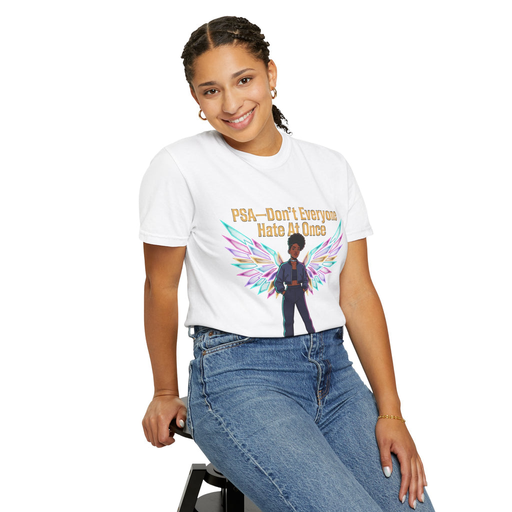 T-Shirt — PSA “Don't Everyone Hate At Once” Angel Wings Graphic Tee by Printify