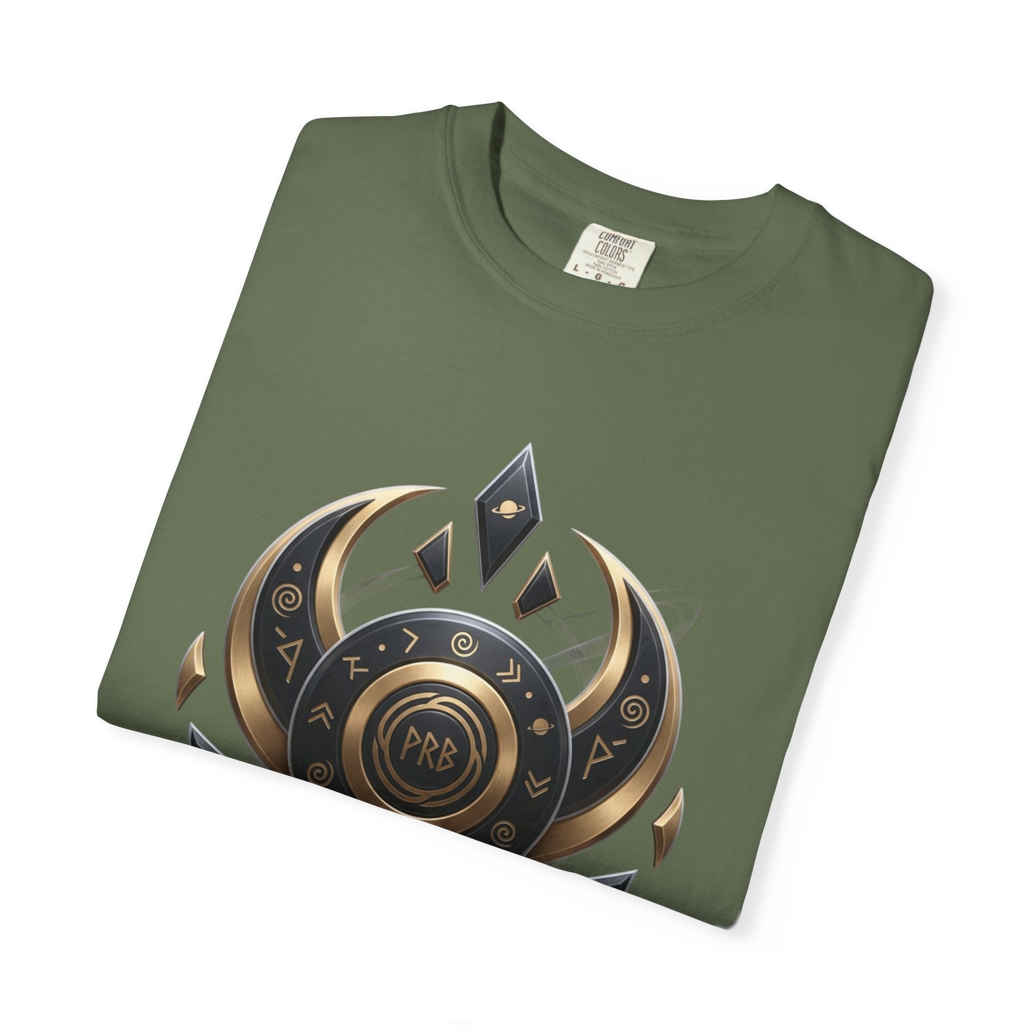 Power Runs Black Mystic Compass Disc T-Shirt — Geometric Gold & Black Emblem Tee by Printify