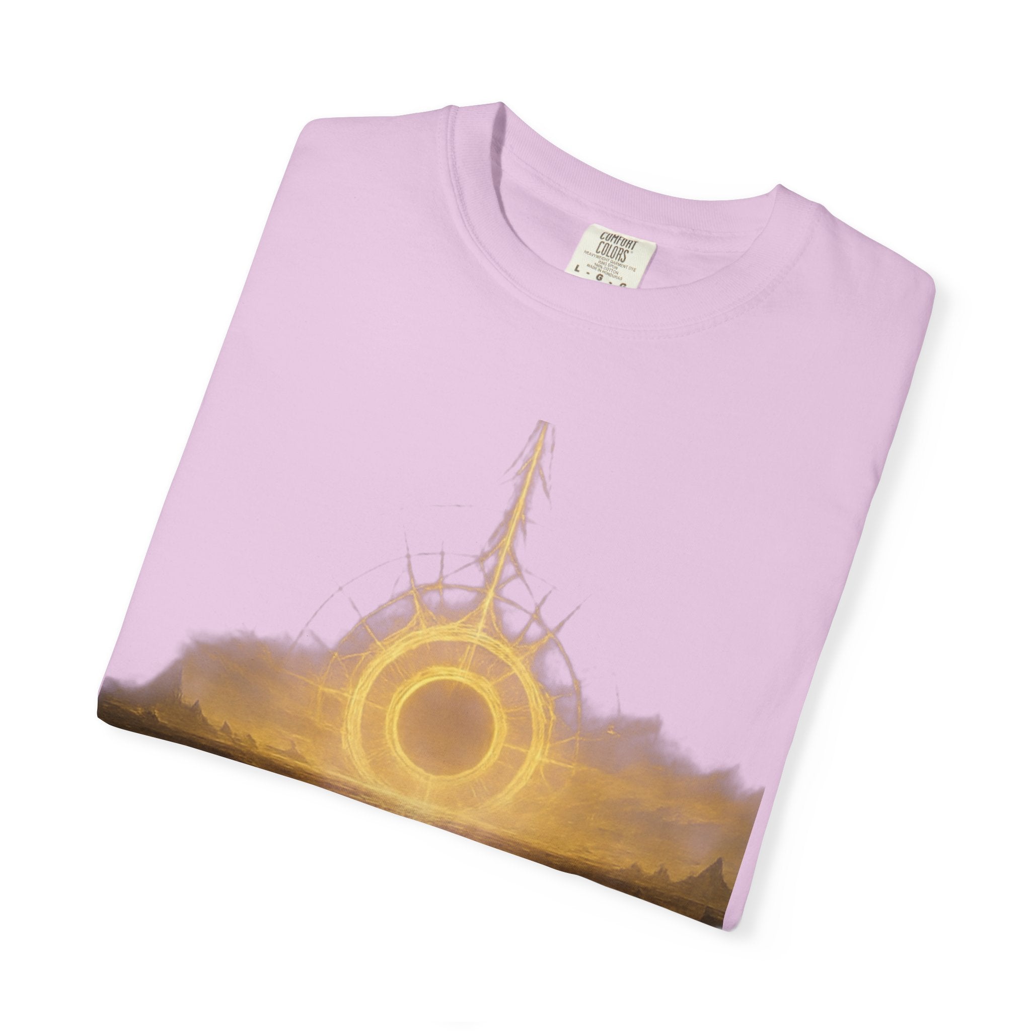 Power Runs Black PRB Golden Eclipse Portal T-shirt | Fantasy Landscape, Mystic Ring, Tower Art by Power Runs Black