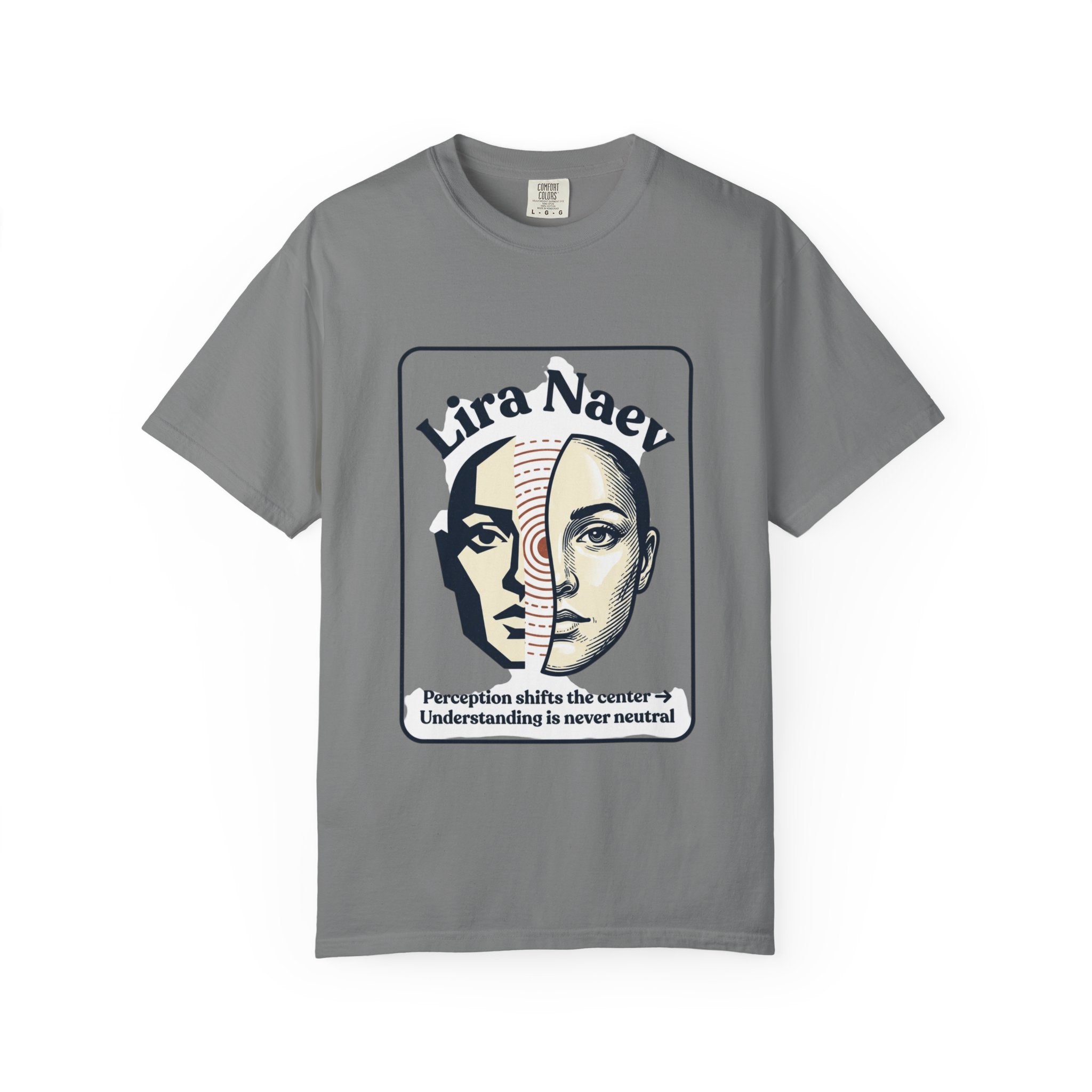 Power Runs Black PRB Lira Naev Split-Face Graphic T-Shirt — “Perception shifts the center” Statement Tee by Printify