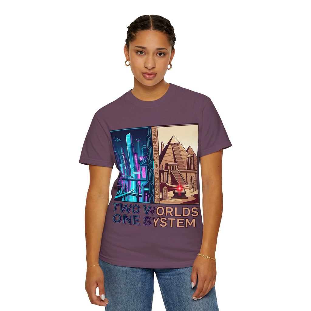 Power Runs Black PRB Blue Technopolis/ Red Dominion Two Worlds One System T-Shirt by Power Runs Black
