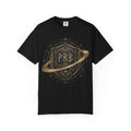 Power Runs Black Astral Crest Shield PRB T-Shirt | Saturn Ring Emblem, Gothic Heraldry by Printify