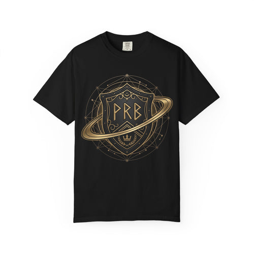 Power Runs Black Astral Crest Shield PRB T-Shirt | Saturn Ring Emblem, Gothic Heraldry by Printify