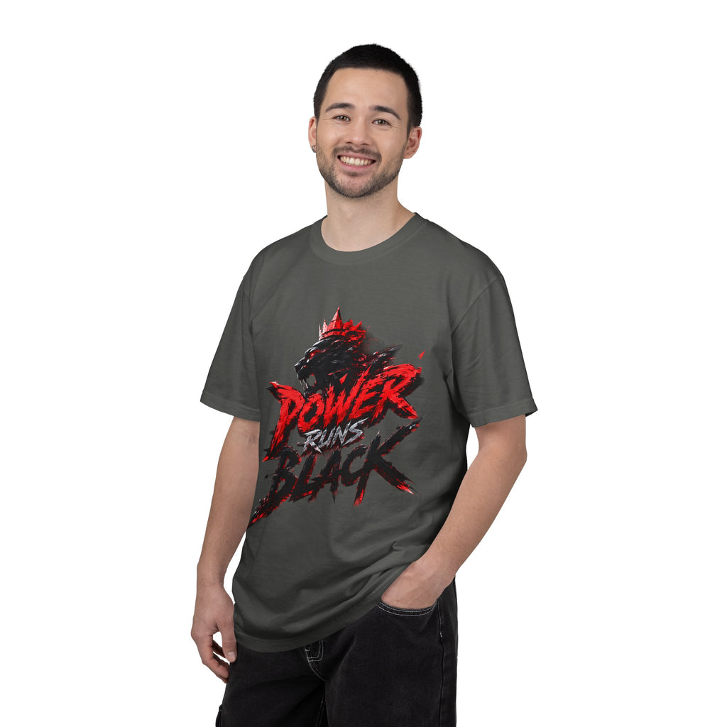 Power Runs Black T-shirt | Wolf Silhouette, Red Black Graphic Tee by Power Runs Black