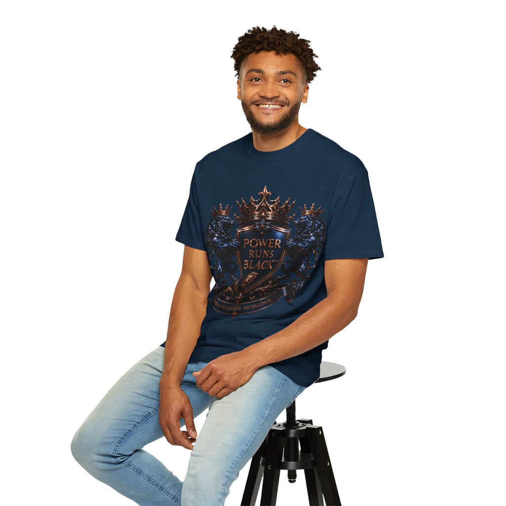Power Runs Black Crest T-shirt | Heraldic Lion Shield Tee by Power Runs Black