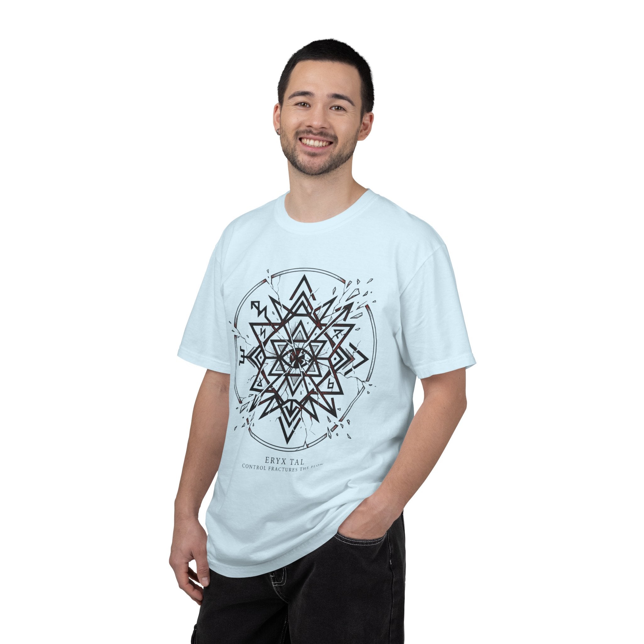 Power Runs Black PRB Eryx Tal Geometric Mandala T-Shirt — Symmetric Star Graphic Tee by Printify