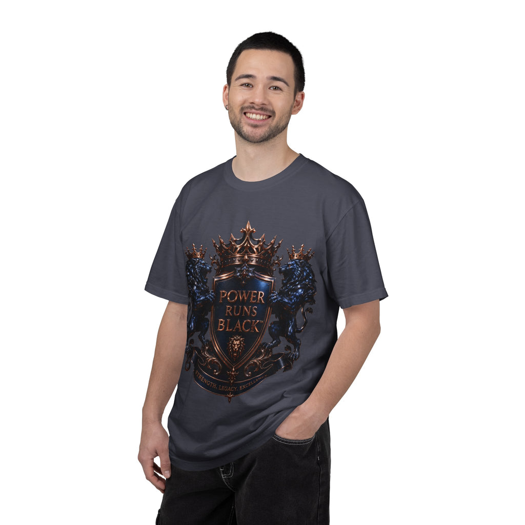 Power Runs Black Crest T-shirt | Heraldic Lion Shield Tee by Power Runs Black