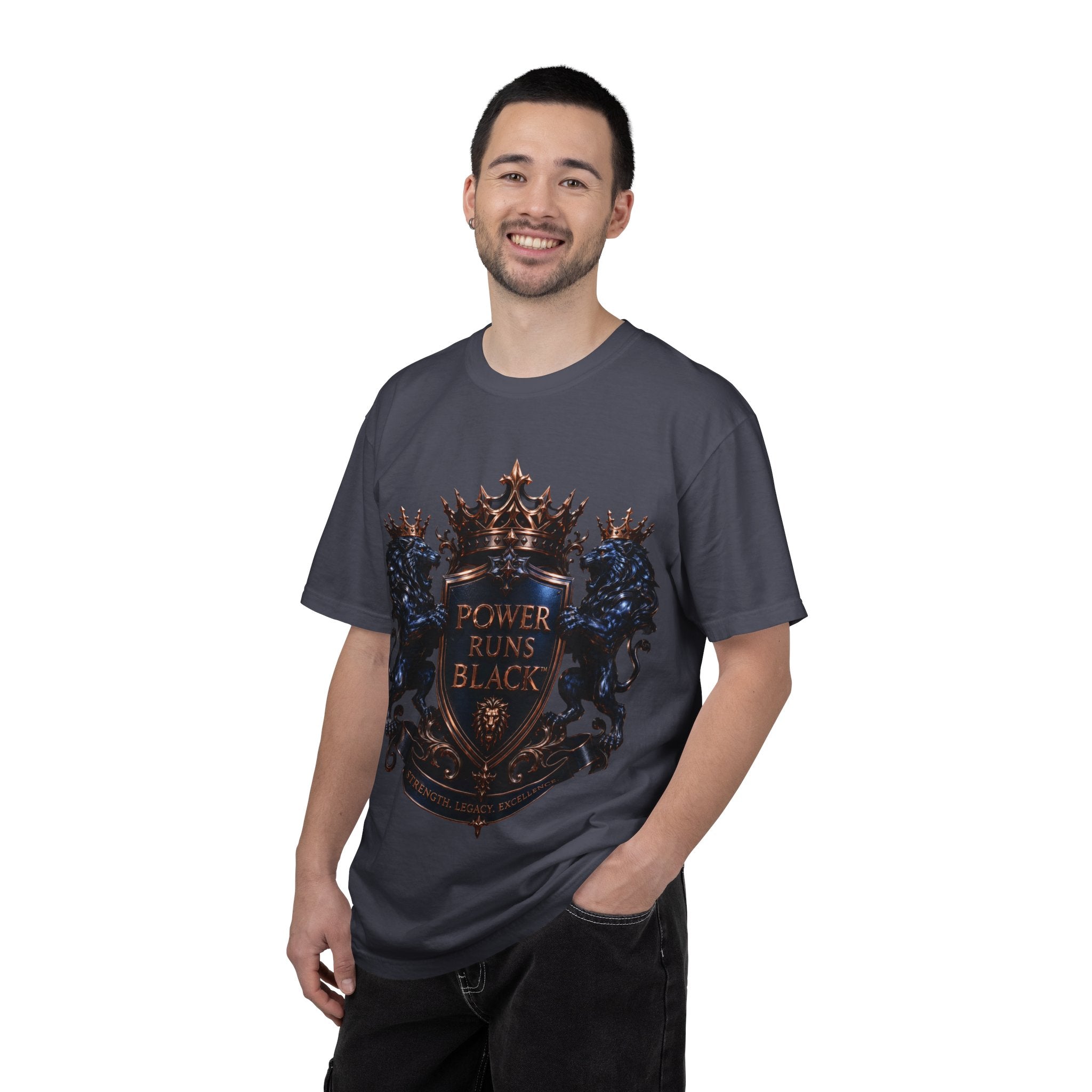 Power Runs Black Crest T-shirt | Heraldic Lion Shield Tee by Power Runs Black
