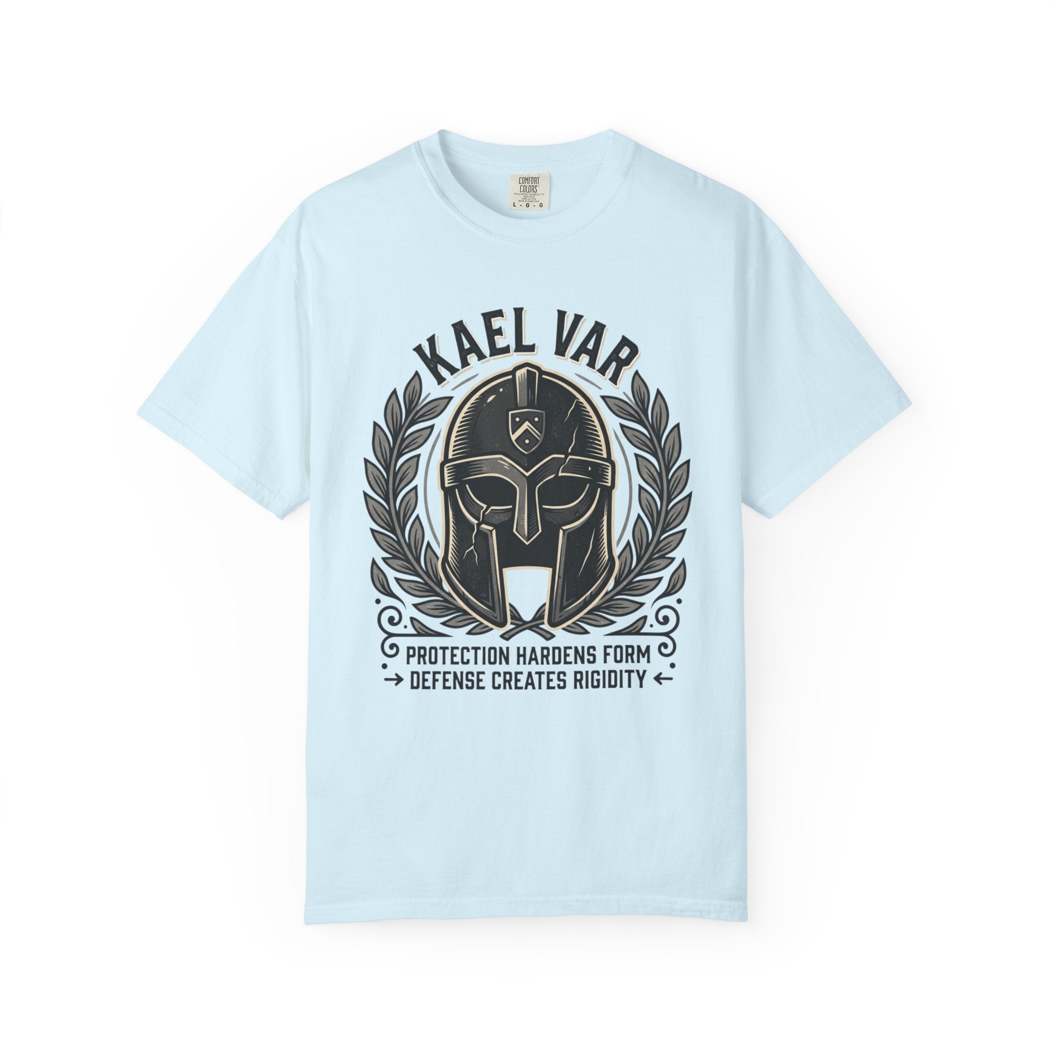 Power Runs Black PRB Kael Var Helmet Graphic T-Shirt — "Protection Hardens Form" Warrior Tee by Printify