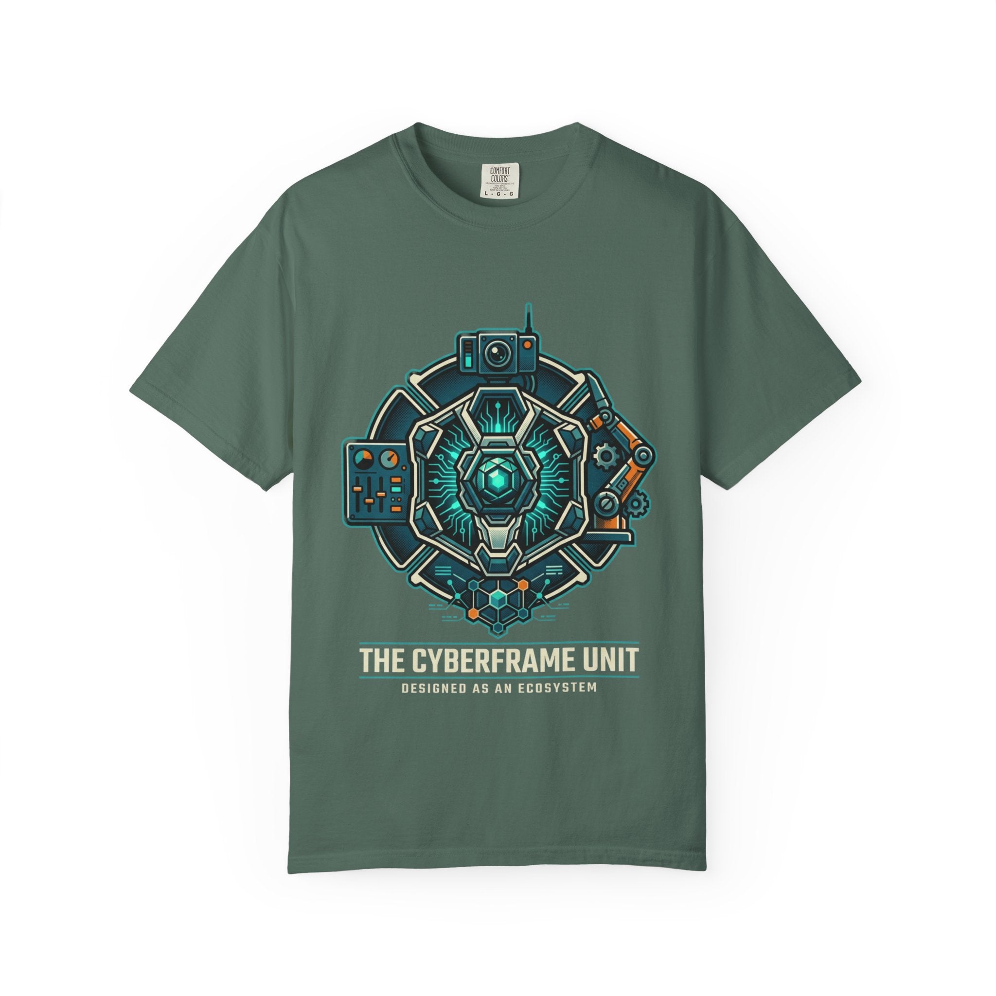 Power Runs Black Cyberframe Unit T-Shirt — Futuristic Tech Armor Graphic Tee by Power Runs Black