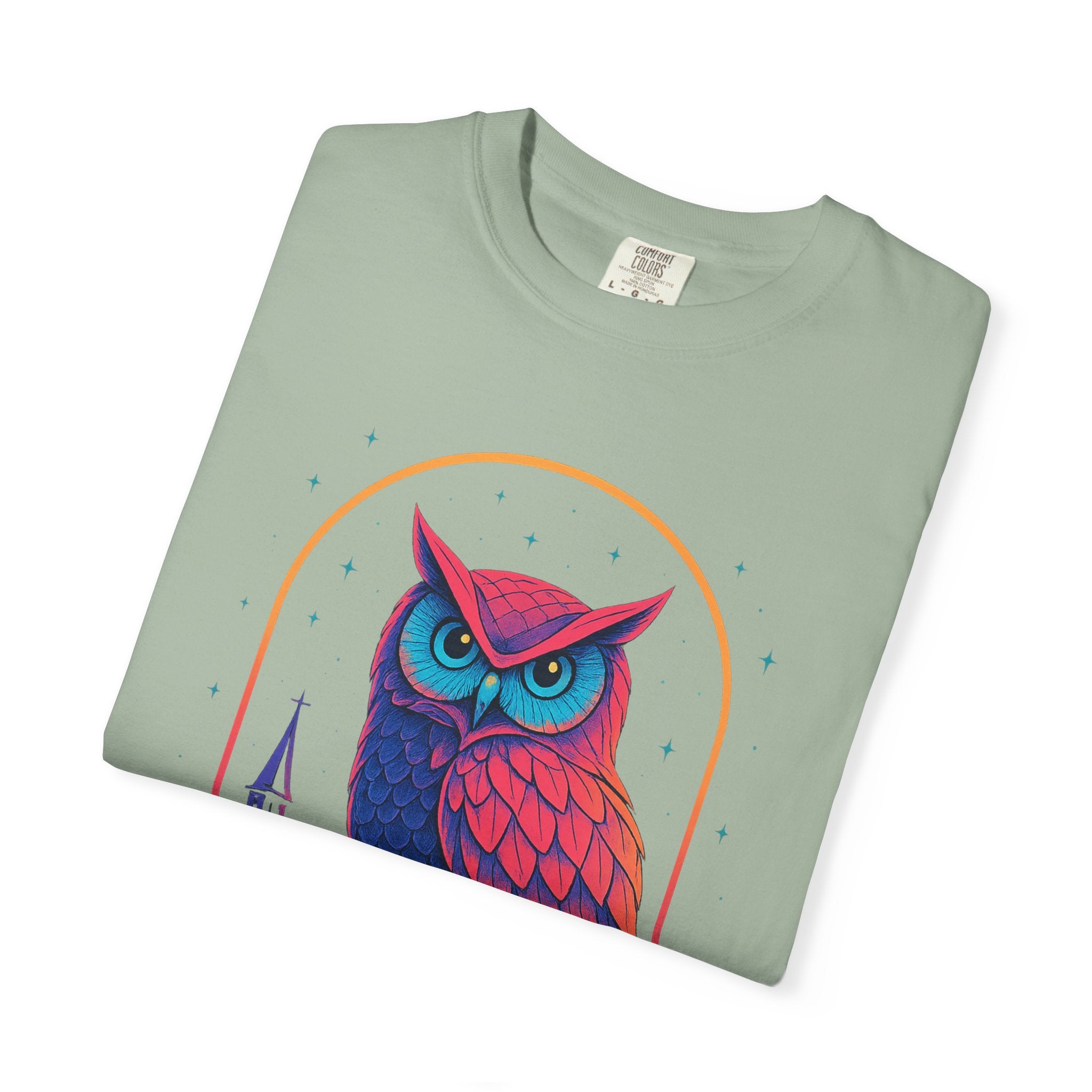 Neon Owl Illustration T-Shirt | Night Church Graphic Tee by Printify