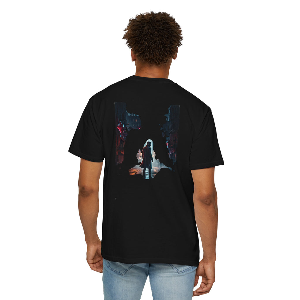 Syndication Loop Cyberpunk Portrait Tee — Tech-Noir Graphic T-Shirt | Power Runs Black by Printify