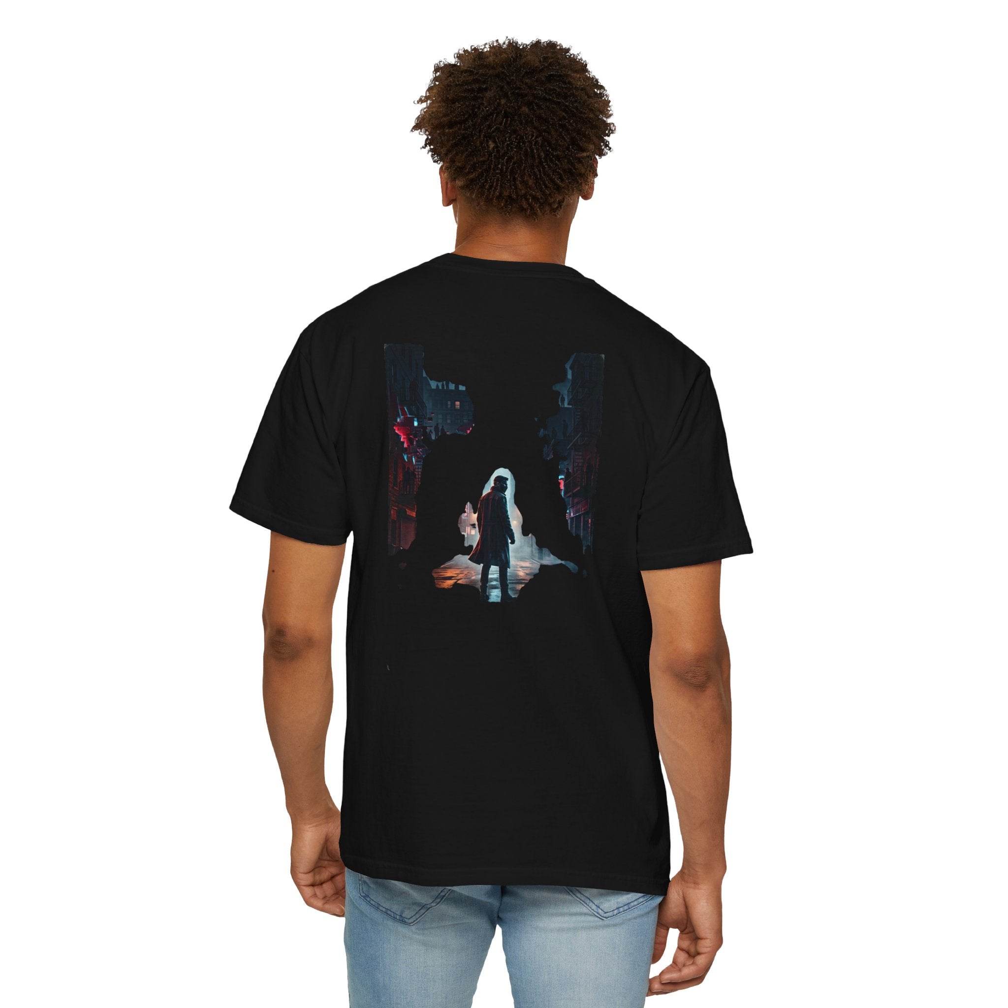 Syndication Loop Cyberpunk Portrait Tee — Tech-Noir Graphic T-Shirt | Power Runs Black by Printify