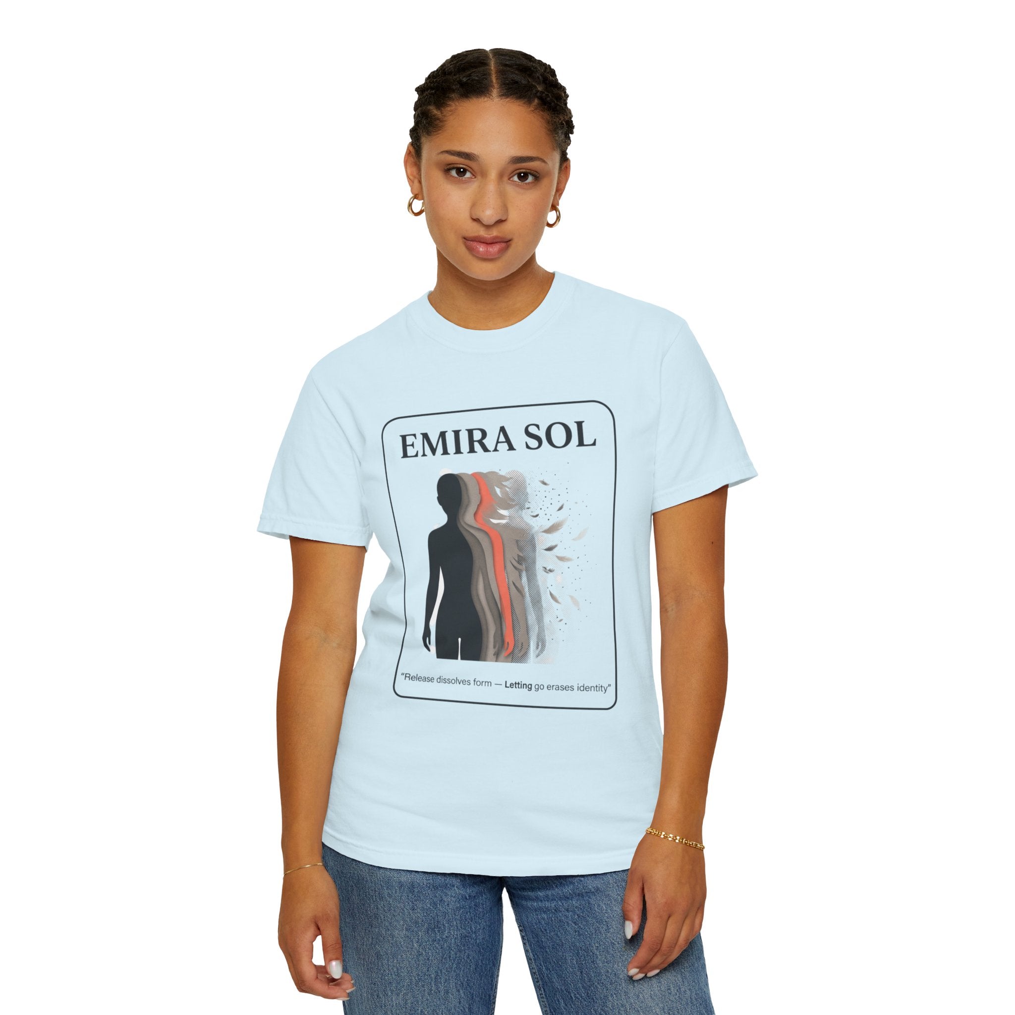 Power Runs Black PRB Emira Sol Graphic T-Shirt — Silhouette Art "Release Shadows" Tee by Printify