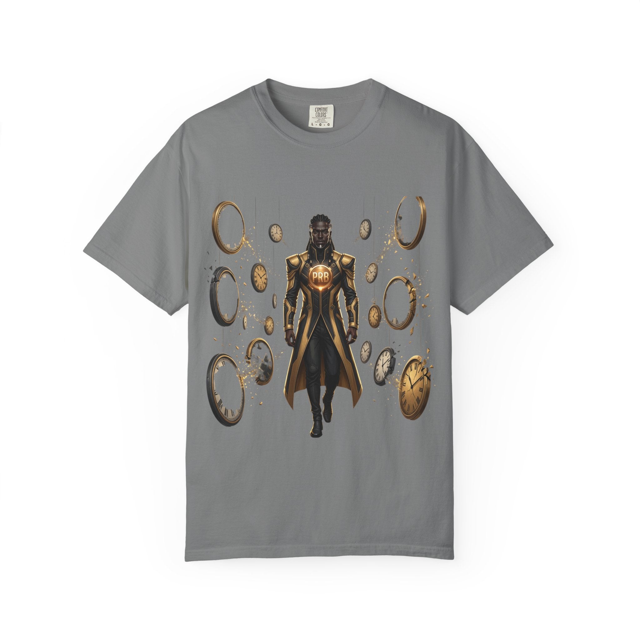 Printify PRB Time Mage Character Art T-Shirt | Floating Clocks, Fantasy Magic - T-Shirt
