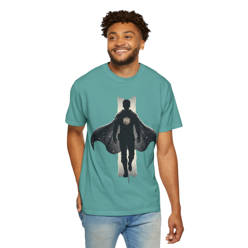 Power Runs Black Silhouette PRB Superhero with Cape T-shirt | Night Sky Emblem, Graphic Tee by Printify