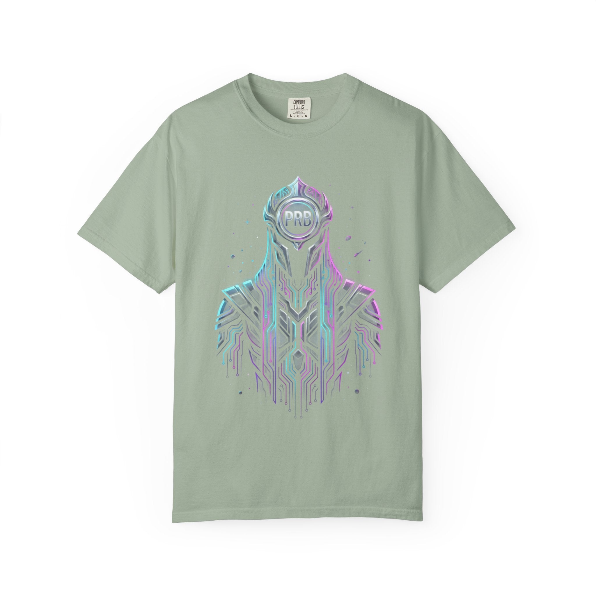 Printify PRB Machine‑Spirit Overlord 4K Futuristic Geometric Helmet T-Shirt | Neon Tech Line Art - T-Shirt