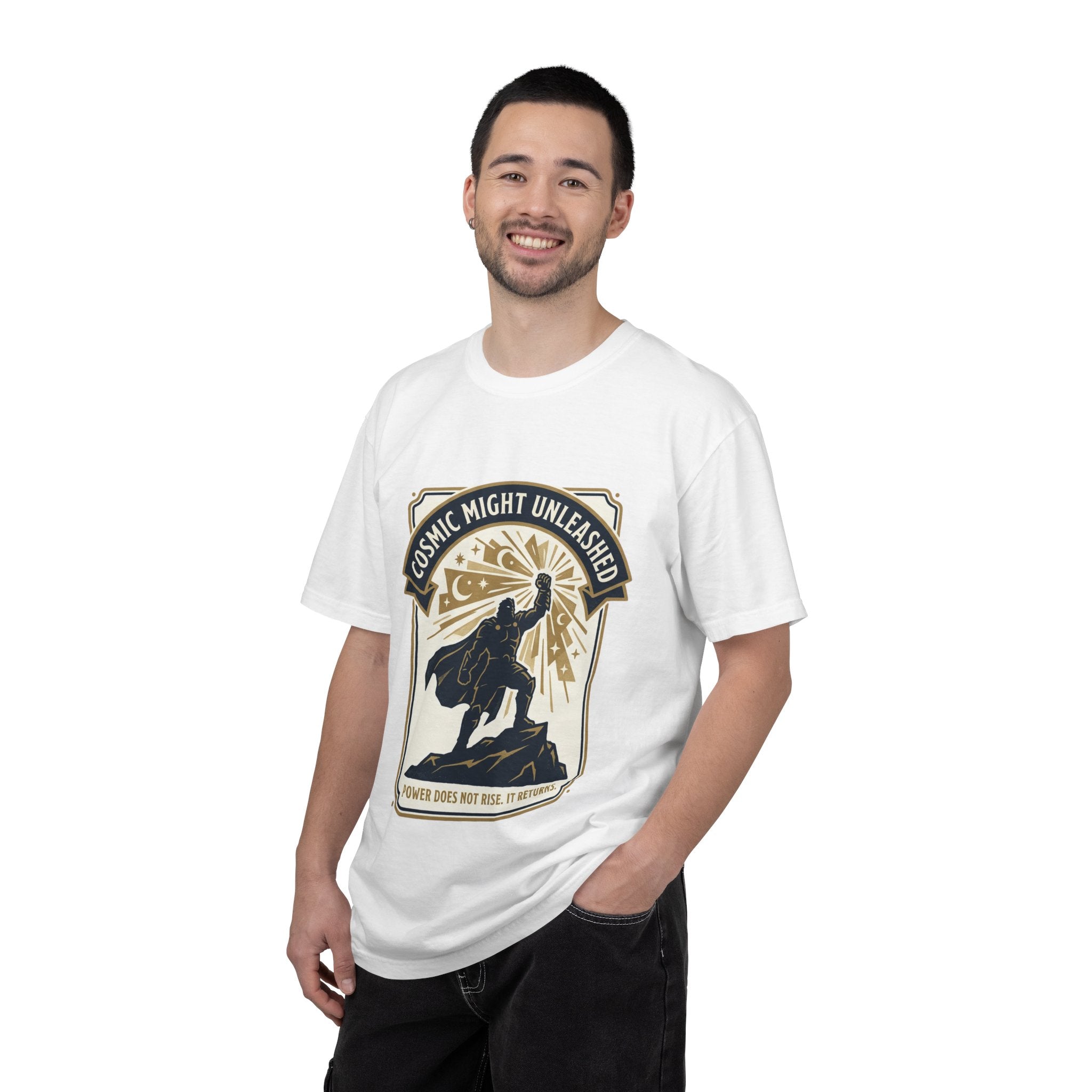 PRB Starforged Flex Cosmic Might Unleashed T-Shirt — Retro Superhero Space Graphic ('Power Does Not Rise, It Returns') by Power Runs Black