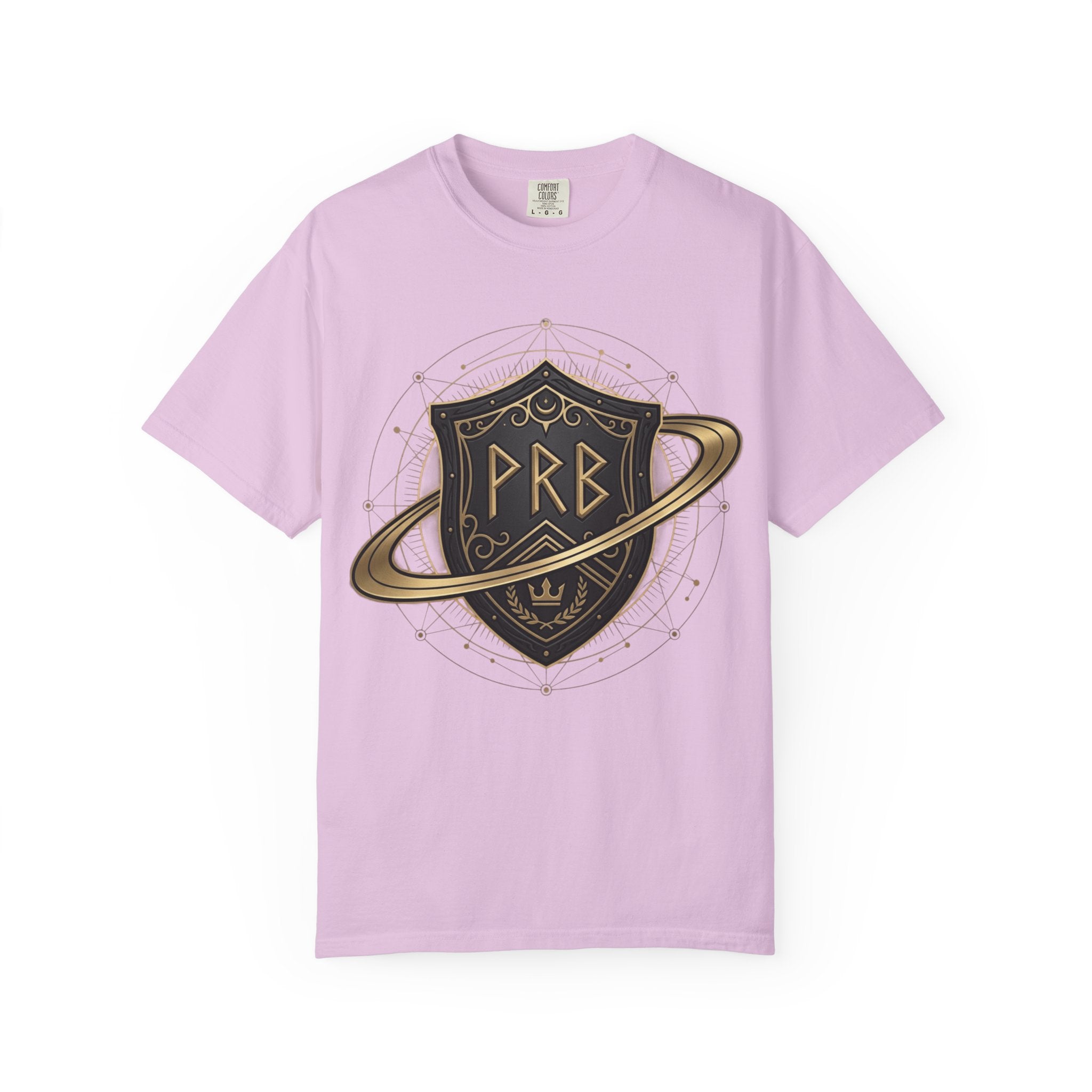 Power Runs Black Astral Crest Shield PRB T-Shirt | Saturn Ring Emblem, Gothic Heraldry by Printify