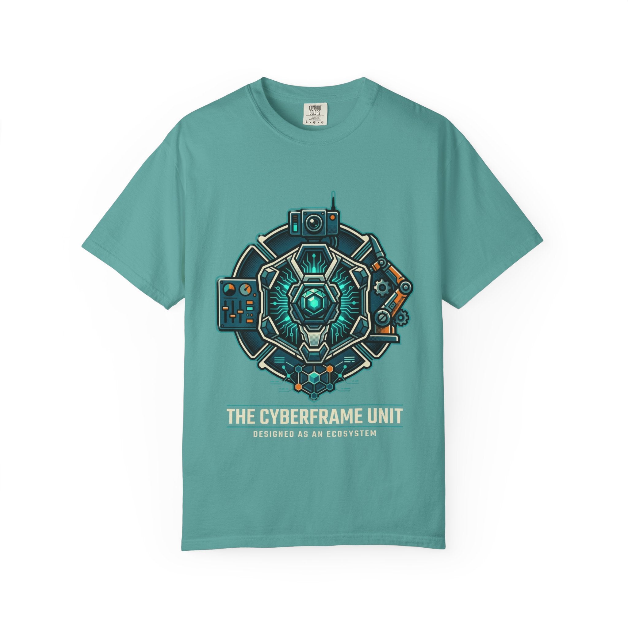Power Runs Black Cyberframe Unit T-Shirt — Futuristic Tech Armor Graphic Tee by Power Runs Black