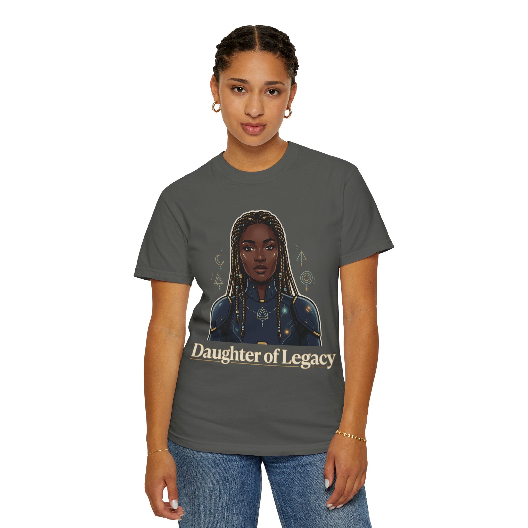 Power Runs Black Daughter of Legacy Graphic T-Shirt | Black Girl Magic Portrait Tee by Printify