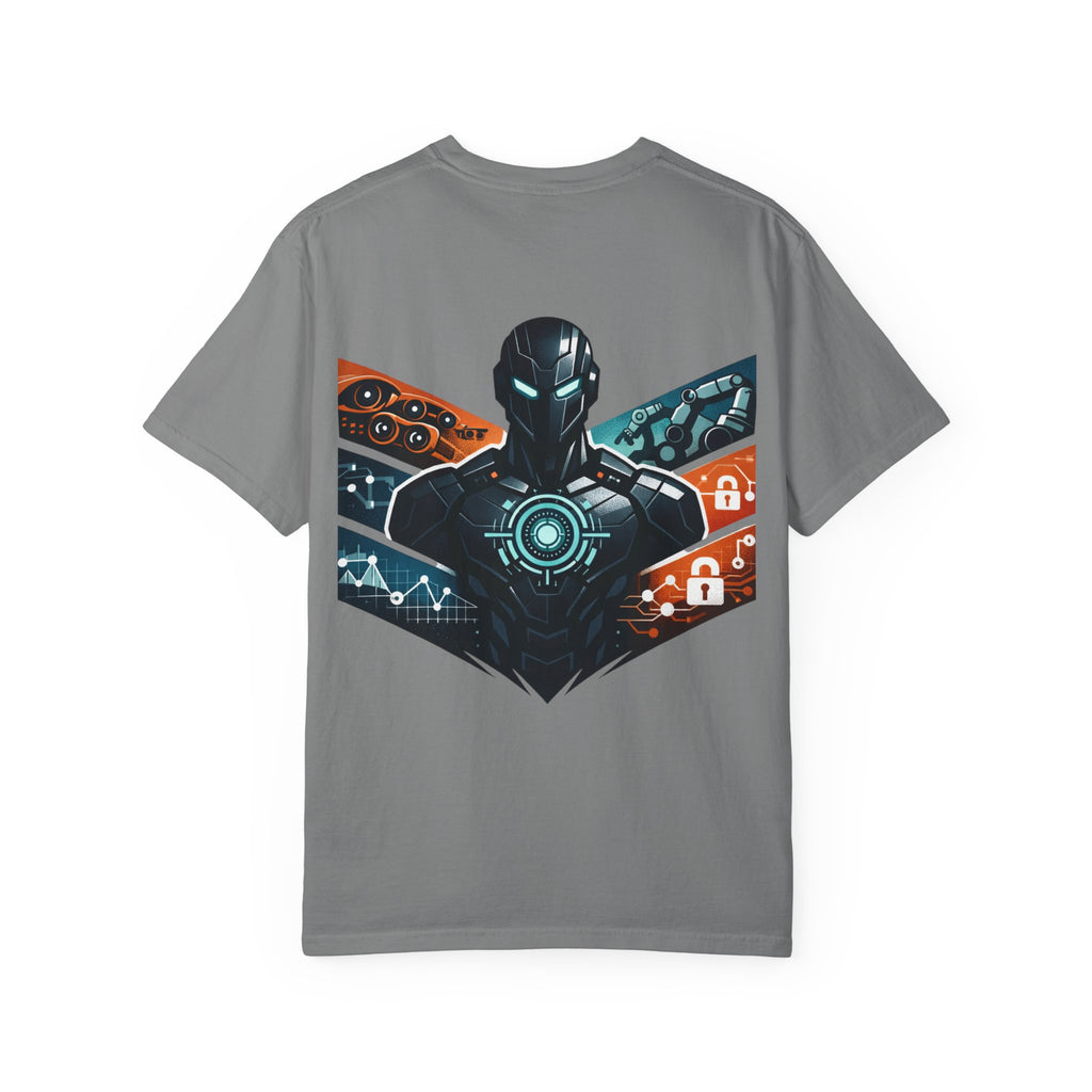 Power Runs Black Cyberframe Unit T-Shirt — Futuristic Tech Armor Graphic Tee by Power Runs Black