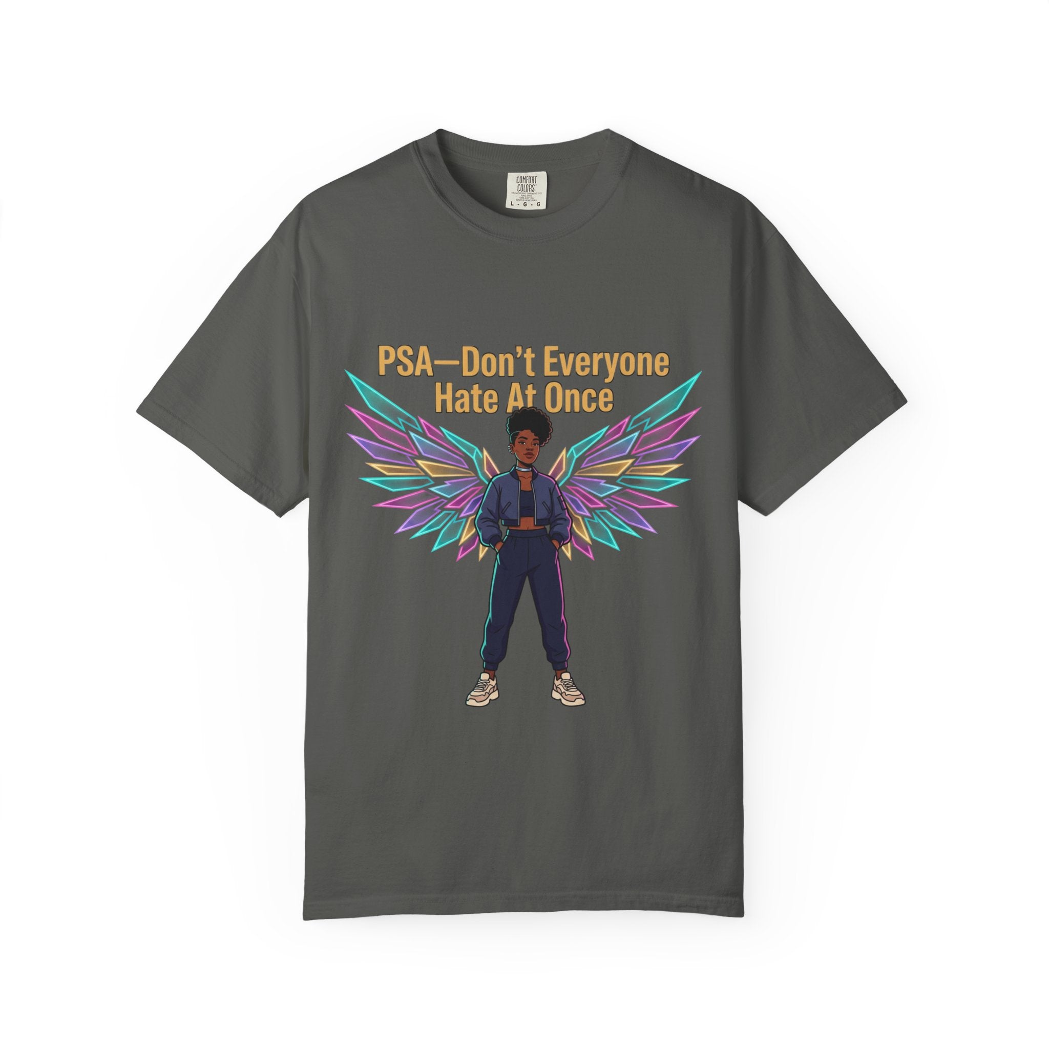 T-Shirt — PSA “Don't Everyone Hate At Once” Angel Wings Graphic Tee by Printify