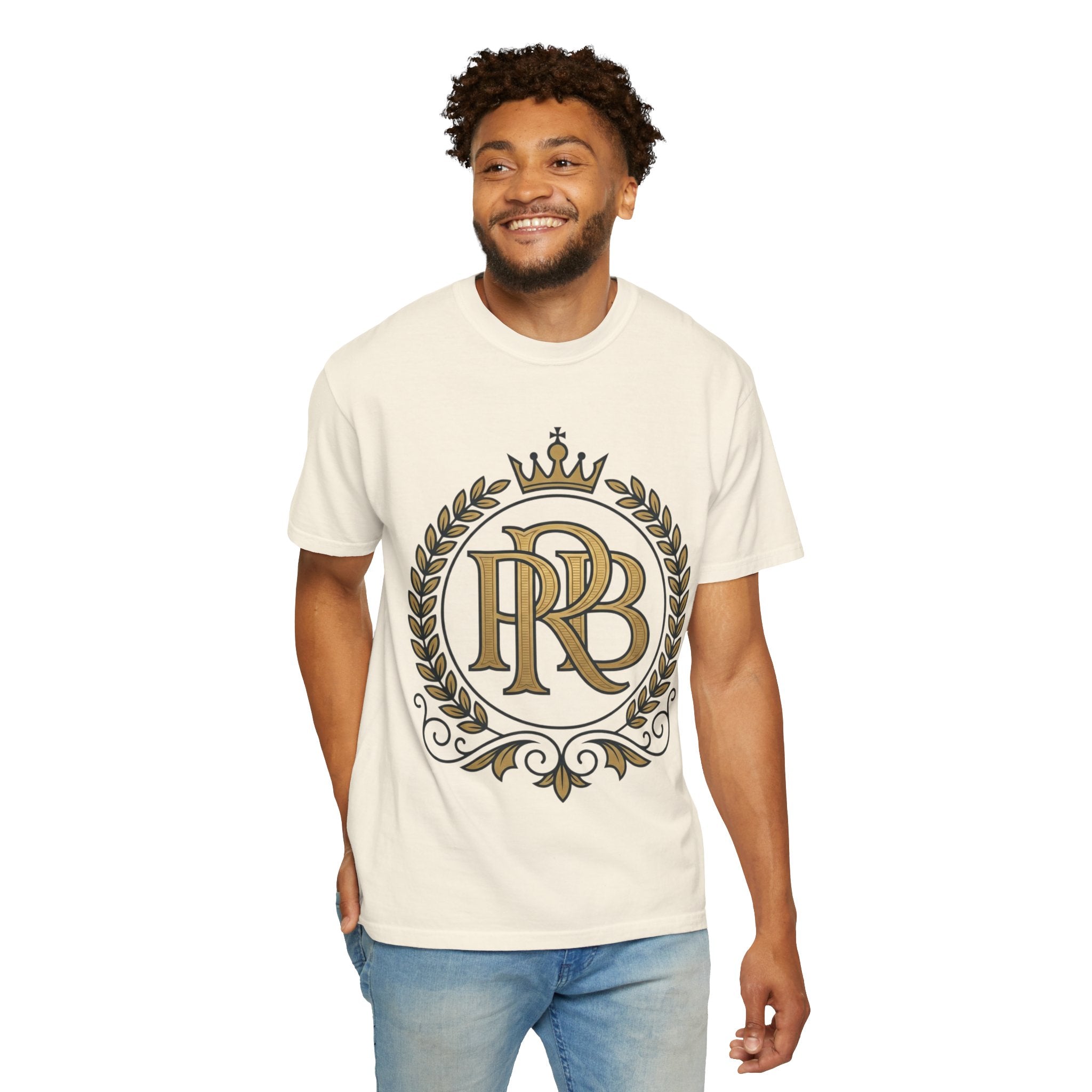 PRB Gold Monogram Crest Graphic T-Shirt | Laurel Crown Emblem Streetwear Tee by Printify