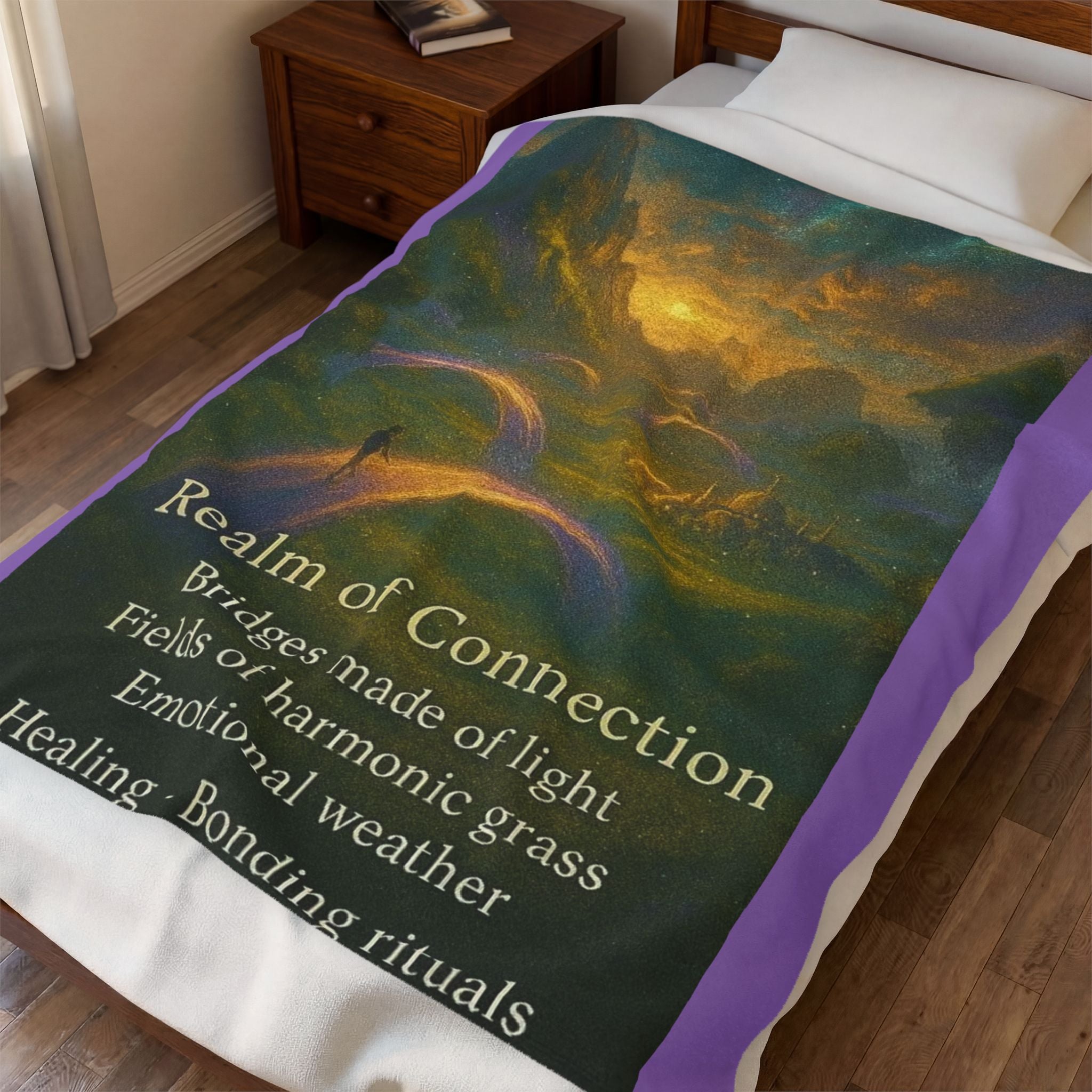 PRB Realm of Connection velveteen plush blanket | ethereal landscape, light bridges, healing text by Power Runs Black