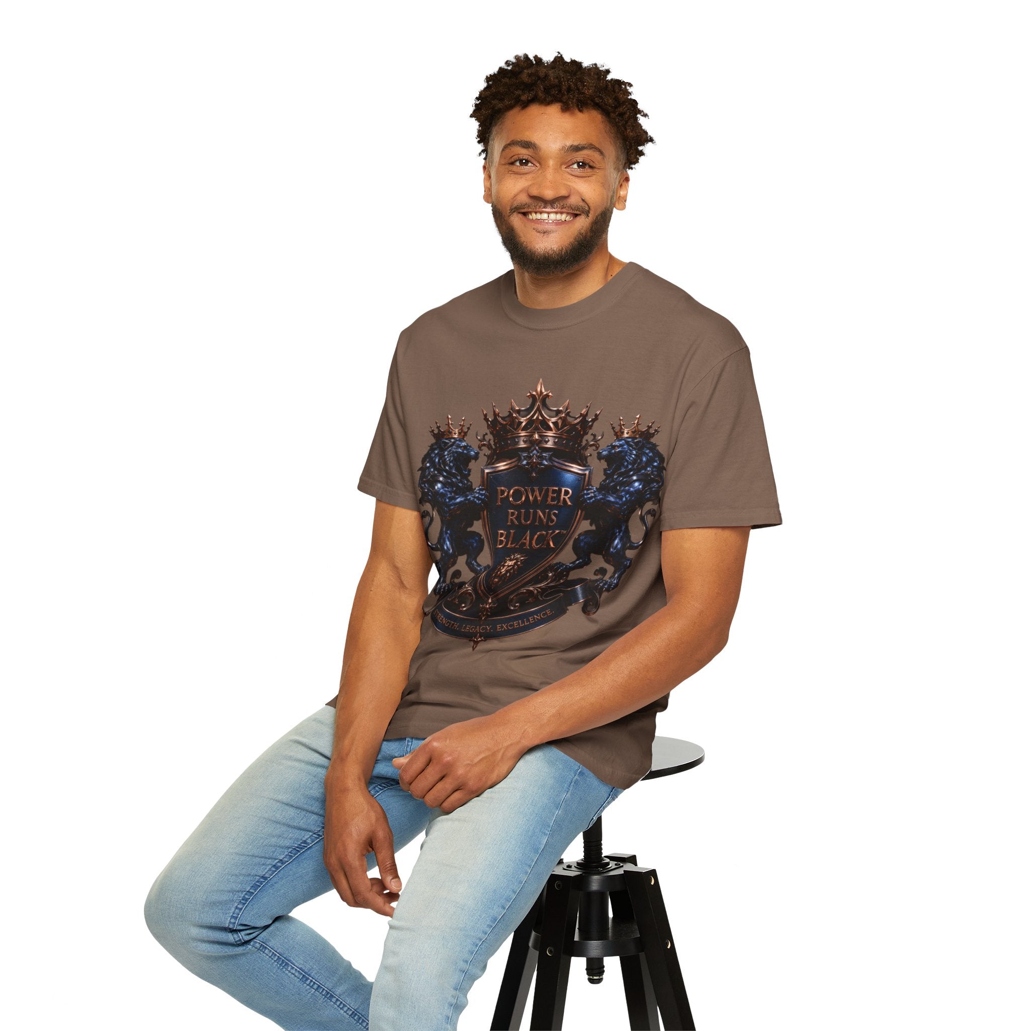 Power Runs Black Crest T-shirt | Heraldic Lion Shield Tee by Power Runs Black