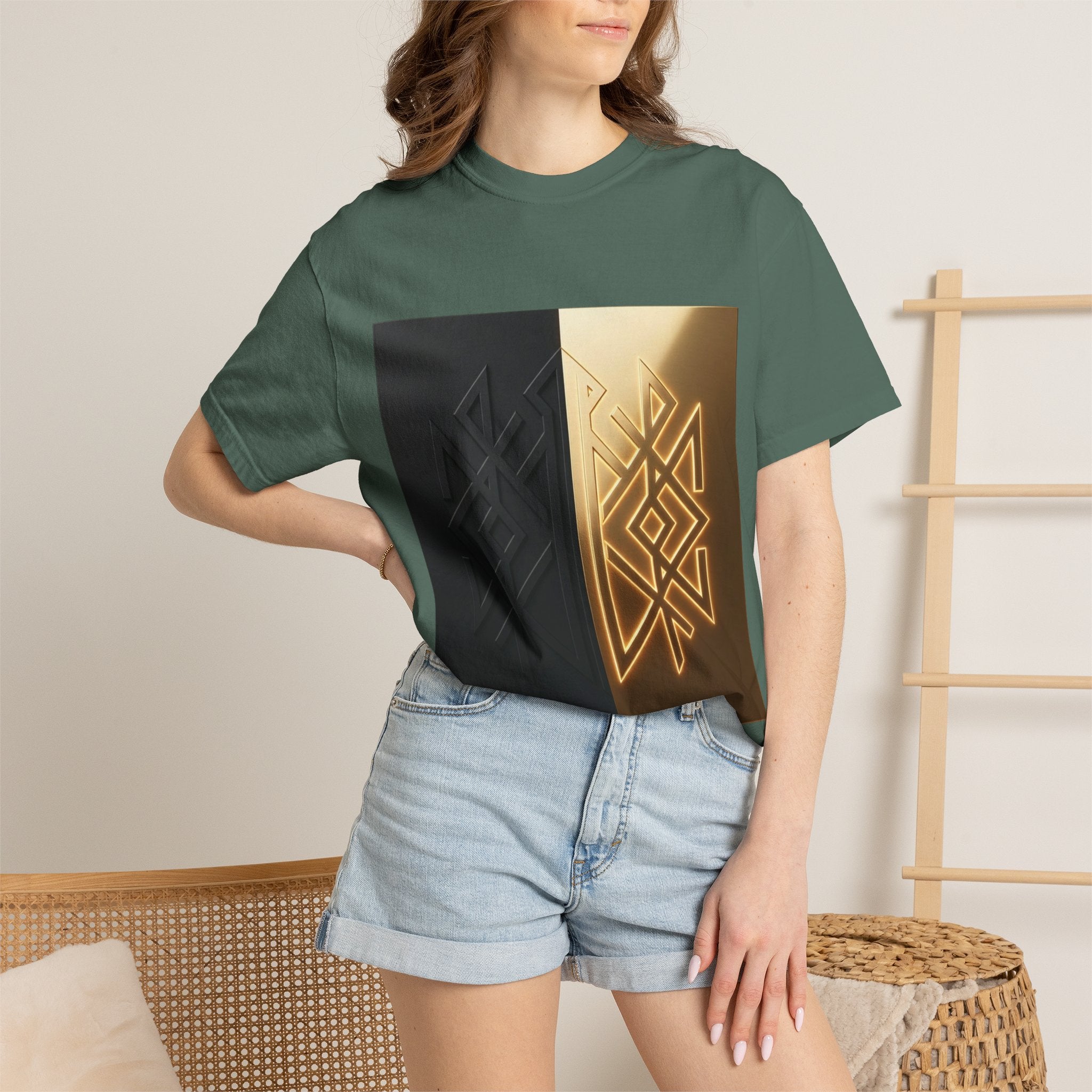 Power Runs Black PRB Geometric Split Glow T-Shirt — Black & Gold Tribal Diamond Graphic by Power Runs Black