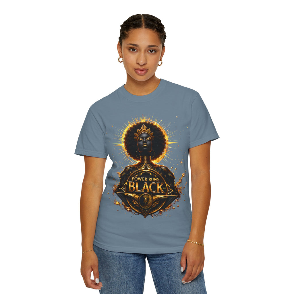 Power Runs Black goddess illustration T-Shirt | Afrocentric black pride design by Power Runs Black